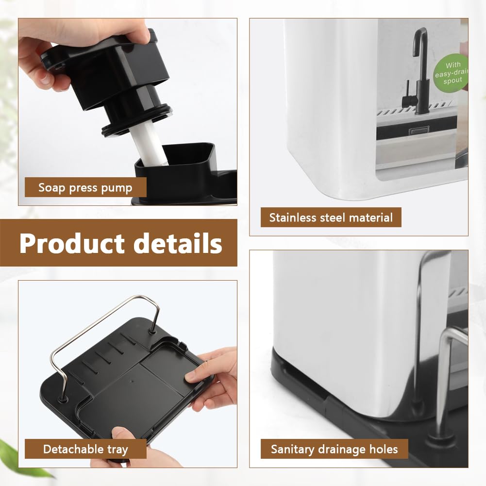 3-in-1 Dish Soap Dispenser, Sponge Holder for Kitchen Sink Caddy, Organizer Dish Soap Dispenser with Cleaning Brush and Tray Drainer Rack Countertop