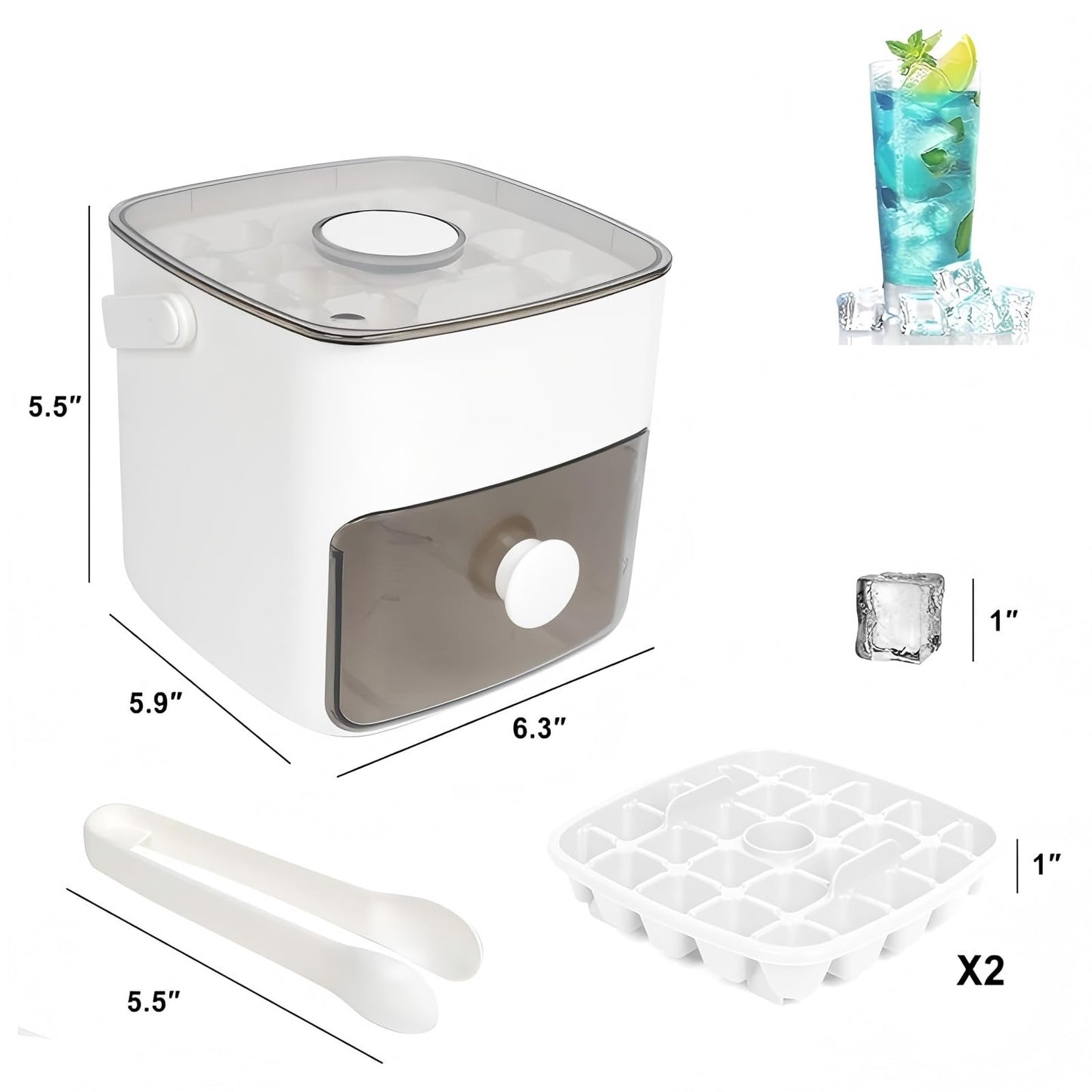 Ice Cube Tray with Lid and Bin Ice Cube Trays for Freezer Ice Maker Ice Tray BPA-Free Stackable Storage Bin Container with 2 Trays Tongs Easy Release (White)