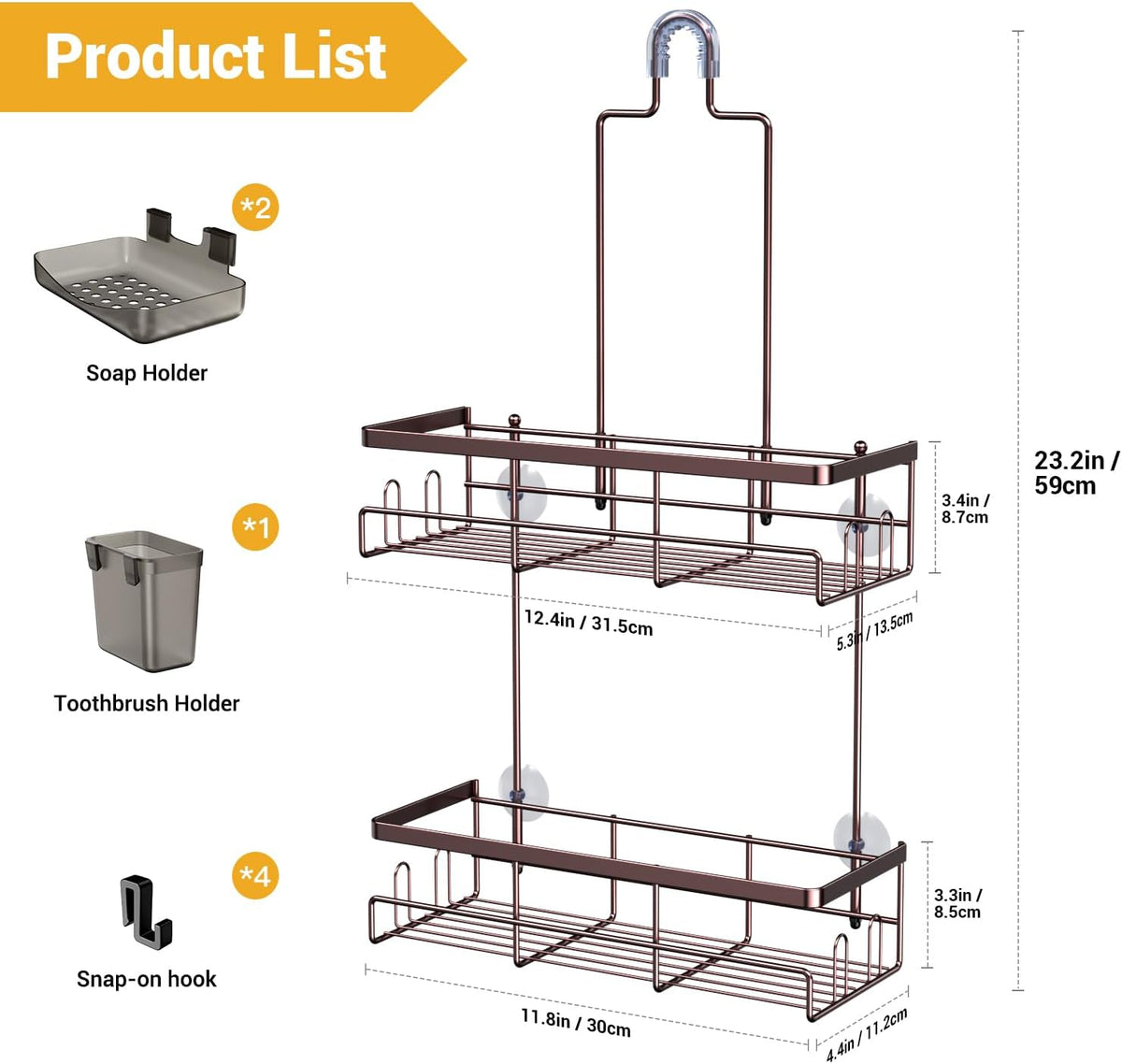 **AKTECKE Shower Caddy - Rustproof Hanging Bathroom Organizer for Shampoo & Soap - Bronze Finish**