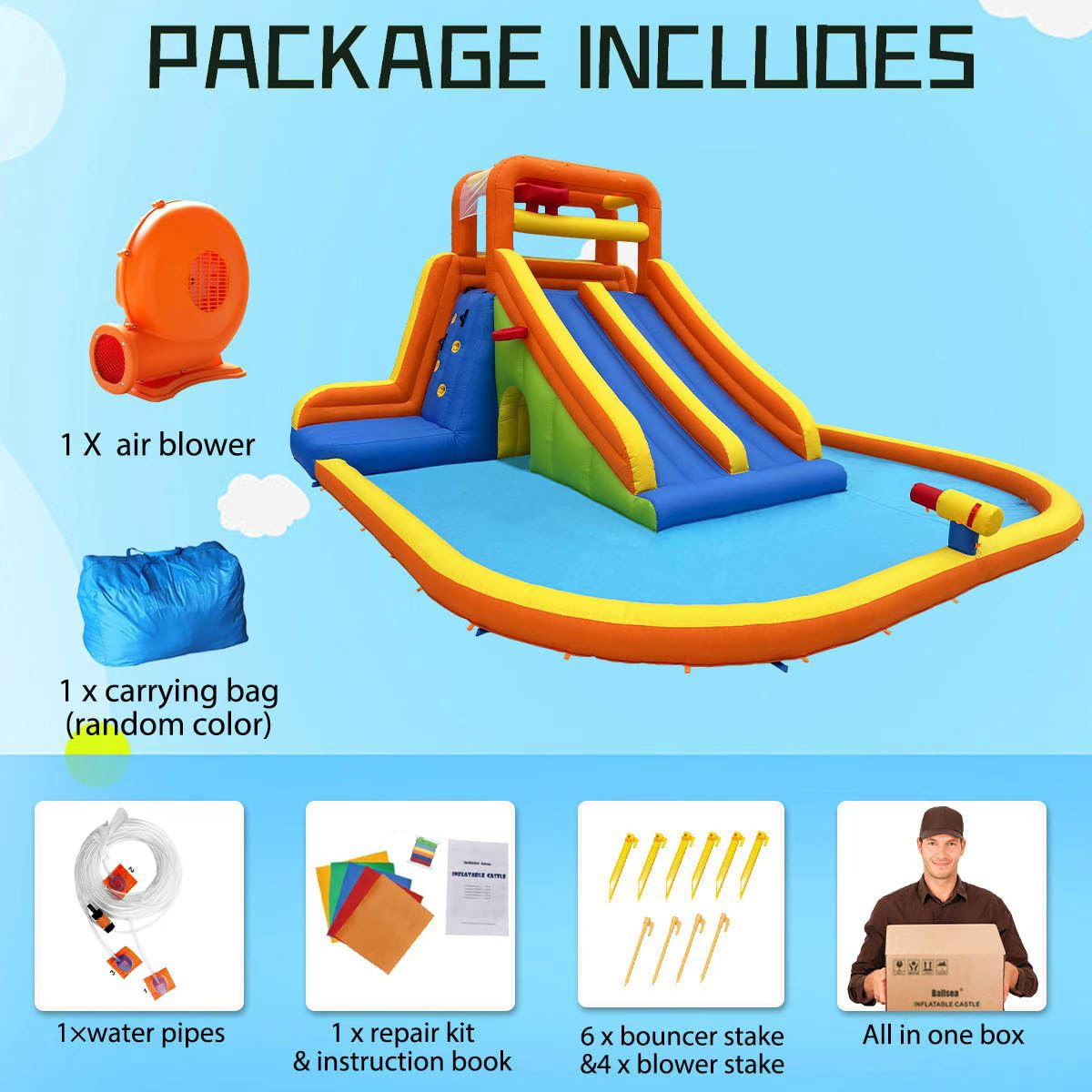 HuaKastro 15.6x15FT Giant Water Slide for Big Kids 5-12, Inflatable Water Park with Big Splash Pool, Dual Tall Slides & 2 Climb Walls for Racing Fun, W/Surprise Water Dump Bucket, Hide&Seek Cave