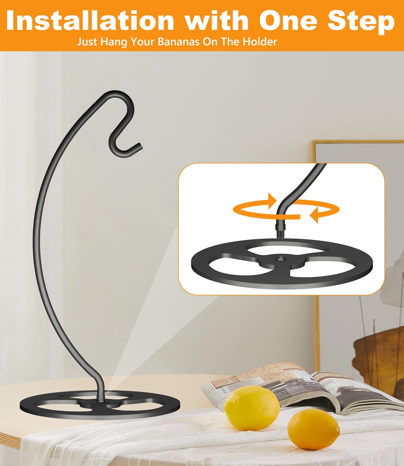 Bliocefo Banana Holder Metal Hanger Rack Stand Tree Keeper Modern Hook with Metal Base Storage and Display of Fruit for Home Kitchen Countertop Easy to Take Anywhere Doesn't Tip Over (Black.)