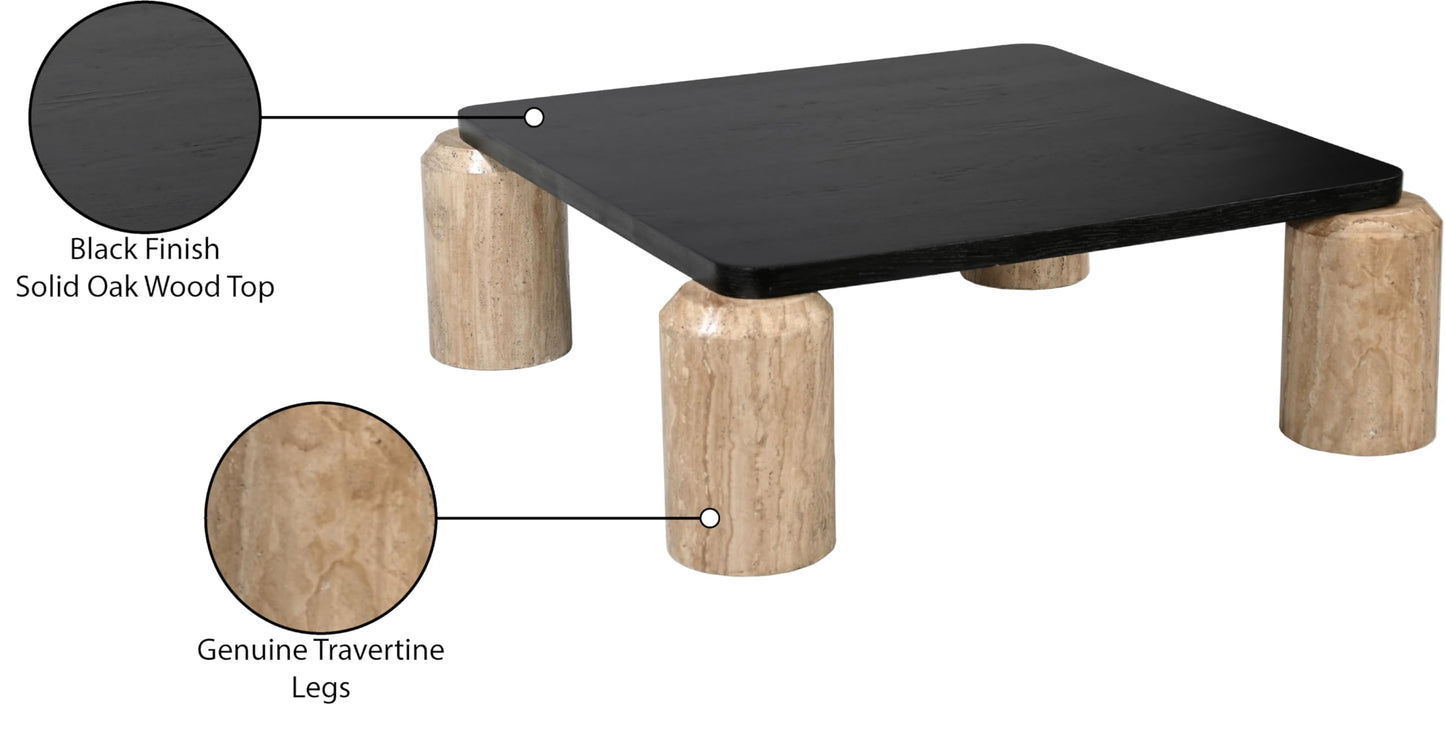 Meridian Furniture 99009Travertine-CT Ferrara Collection Art Deco Coffee Table with Genuine Travertine Legs, Black Finished Solid Oak Wood Top, 42" W x 42" D x 14" H, Natural