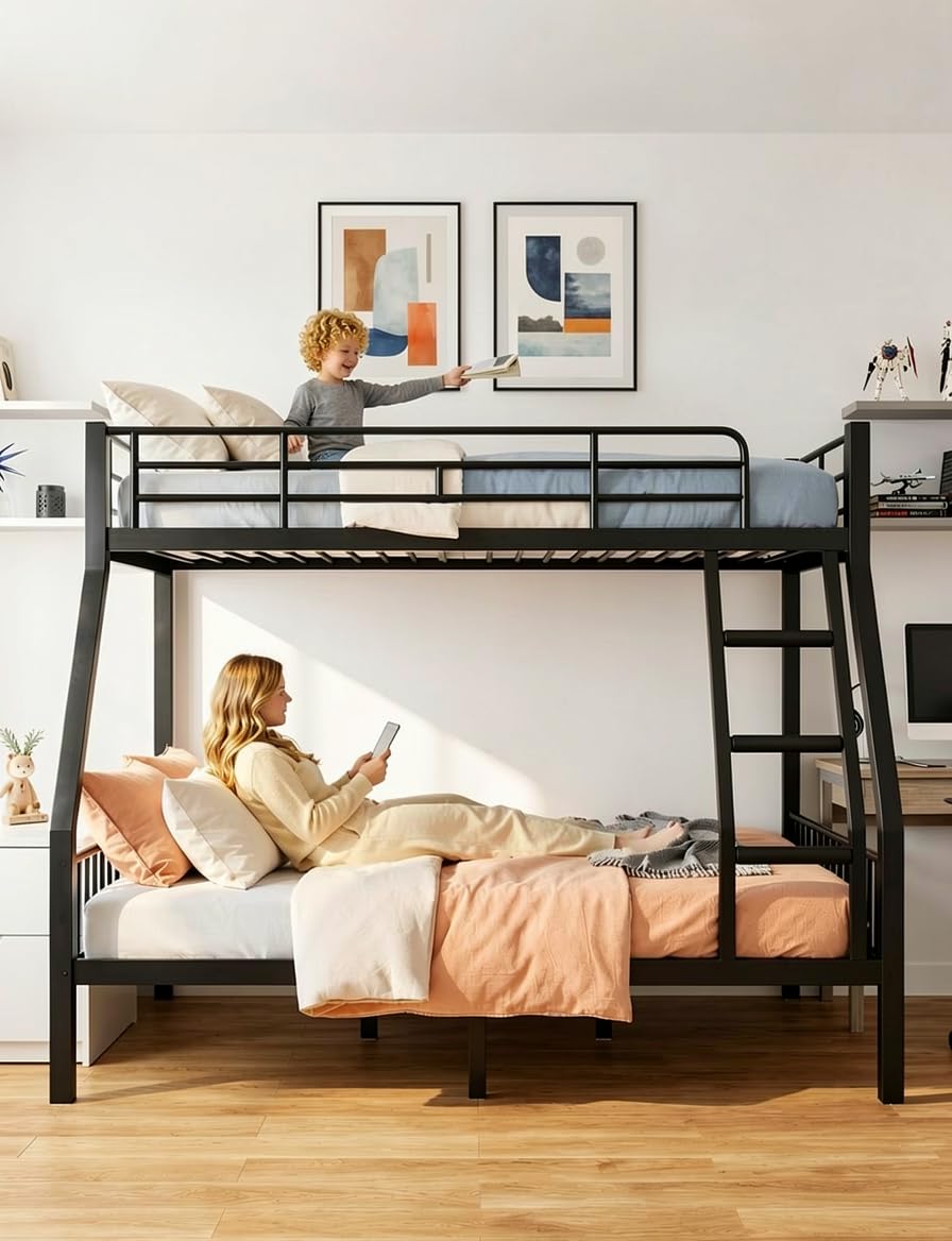 Mixcous Twin XL Over Queen Bunk Bed for Adults, Heavy Duty Metal Bunk Beds with Safety Guardrails & EVA Padded Ladder, Twin XL Over Queen Bunk Beds Frame with Noise-Free Slats, Space-Saving(Black)