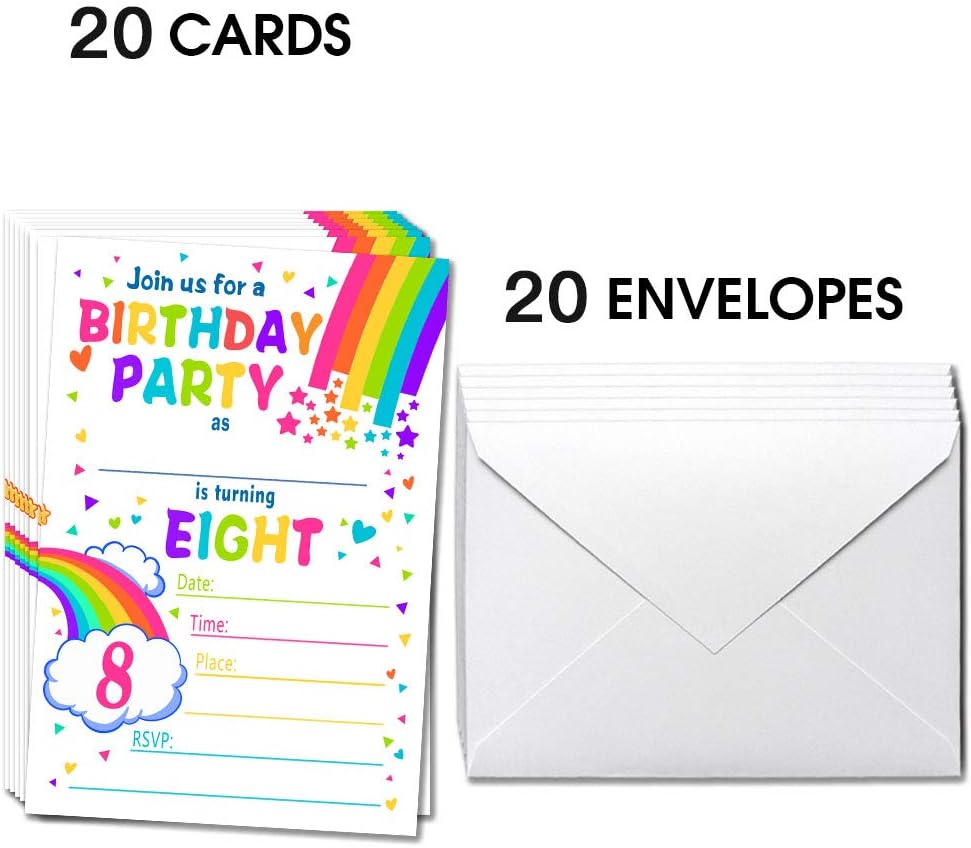 ukebobo Rainbow Happy Birthday Party Invitations for Child’s 8th Birthday – 20 Colorful Cards with Envelopes