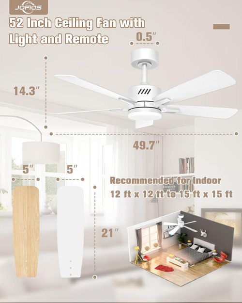 JOFIOS Ceiling Fans with Lights and Remote,52 inch Ceiling Fan with Adjustable Color Temperature,Dimmable 6-speeds Noiseless Revisible DC Motor for Bedroom, Kitchen, Living Room(White)
