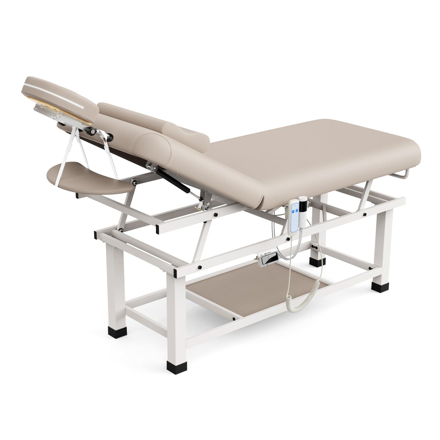 Heating Function 30 Wide x 75 Long Heavy Duty Electric Stationary Massage Table with Backrest Adjustable and Storage Space for Treatment/Medical Spa/Facial/Beauty/Massage Bed and More - Beige Gray