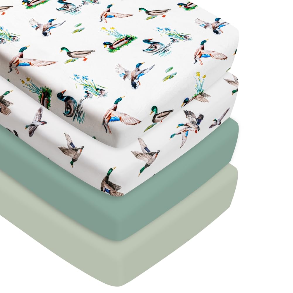 4 Pack Mallard Duck Baby Crib Sheets Neutral Unisex Breathable Fitted Nursery Sheets for Baby Girl or Boys (Crib Sheet)