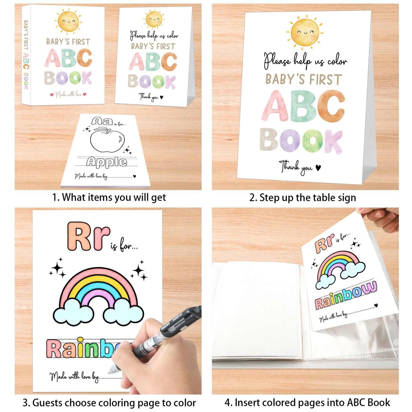 Baby's First ABC Book Baby Shower Activity, Boho Sun Baby Shower Guest Book Alternative with Alphabet Coloring Pages, Educational Keepsake & Activities, Sunshine Baby Shower Games Craft Kit