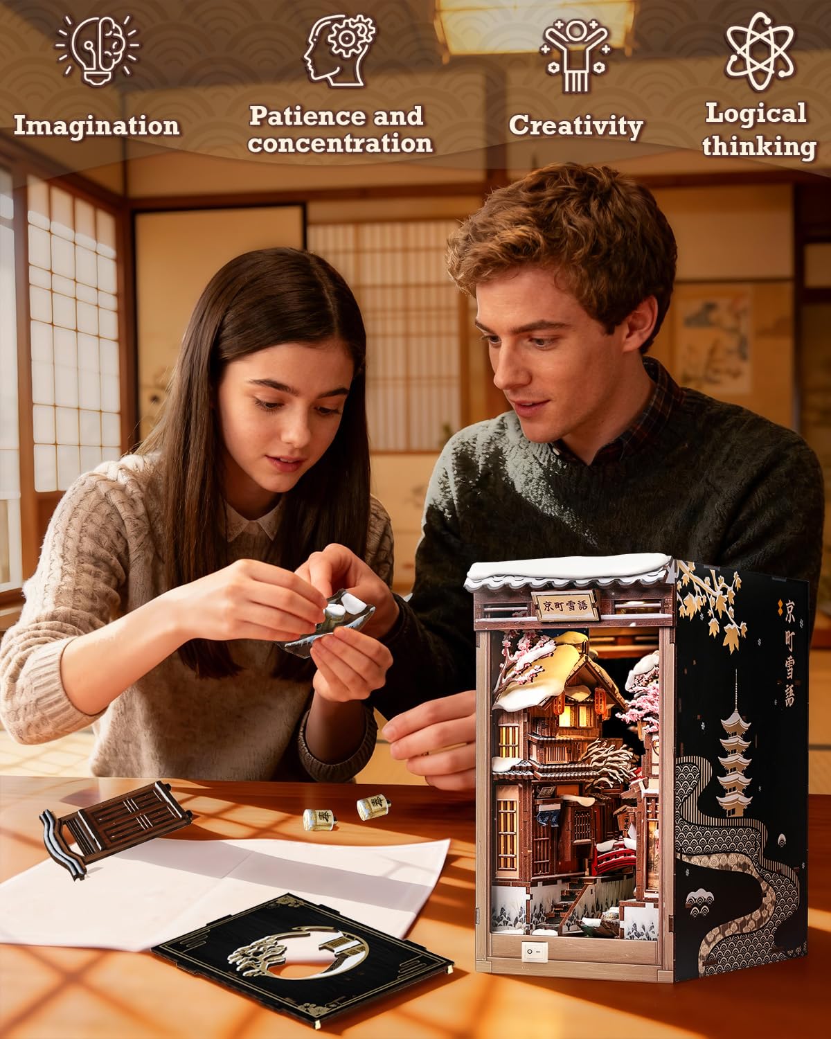 CUTEBEE Book Nook Kit - Japanese Style DIY Miniature Winter House, LED Light Bookshelf Decor Alley Dollhouse for Adults Teens, Gifts for Family (Kyoto Snow Whisper)