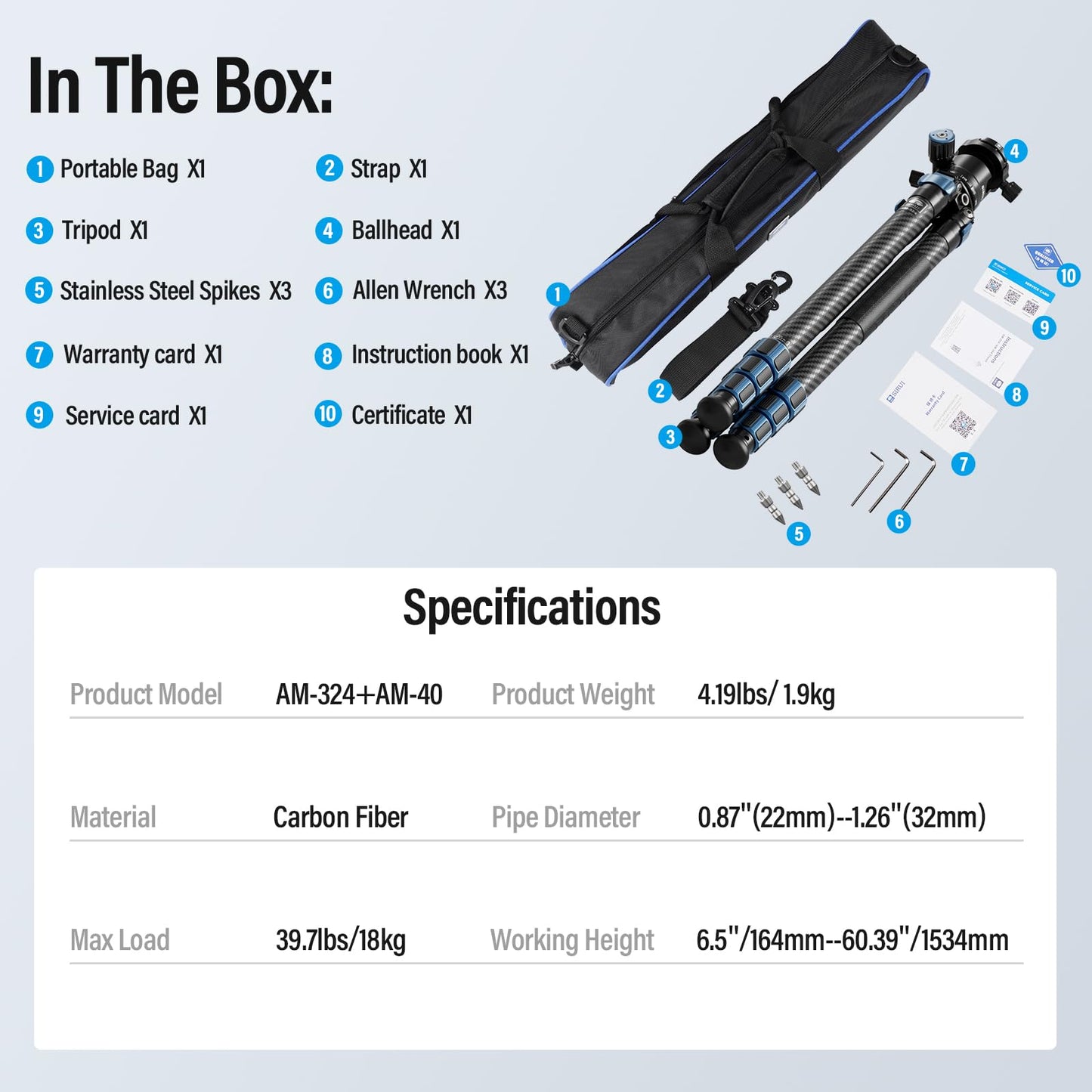 SIRUI AM-324 Professional Camera Tripod with AM-40 Low Gravity Ball Head, 60.4” Carbon Fiber Heavy Duty Tripod for Mirrorless Camera, DSLR, 4 Sections, 32mm Max Tube, Max Load 39.8lb/18kg