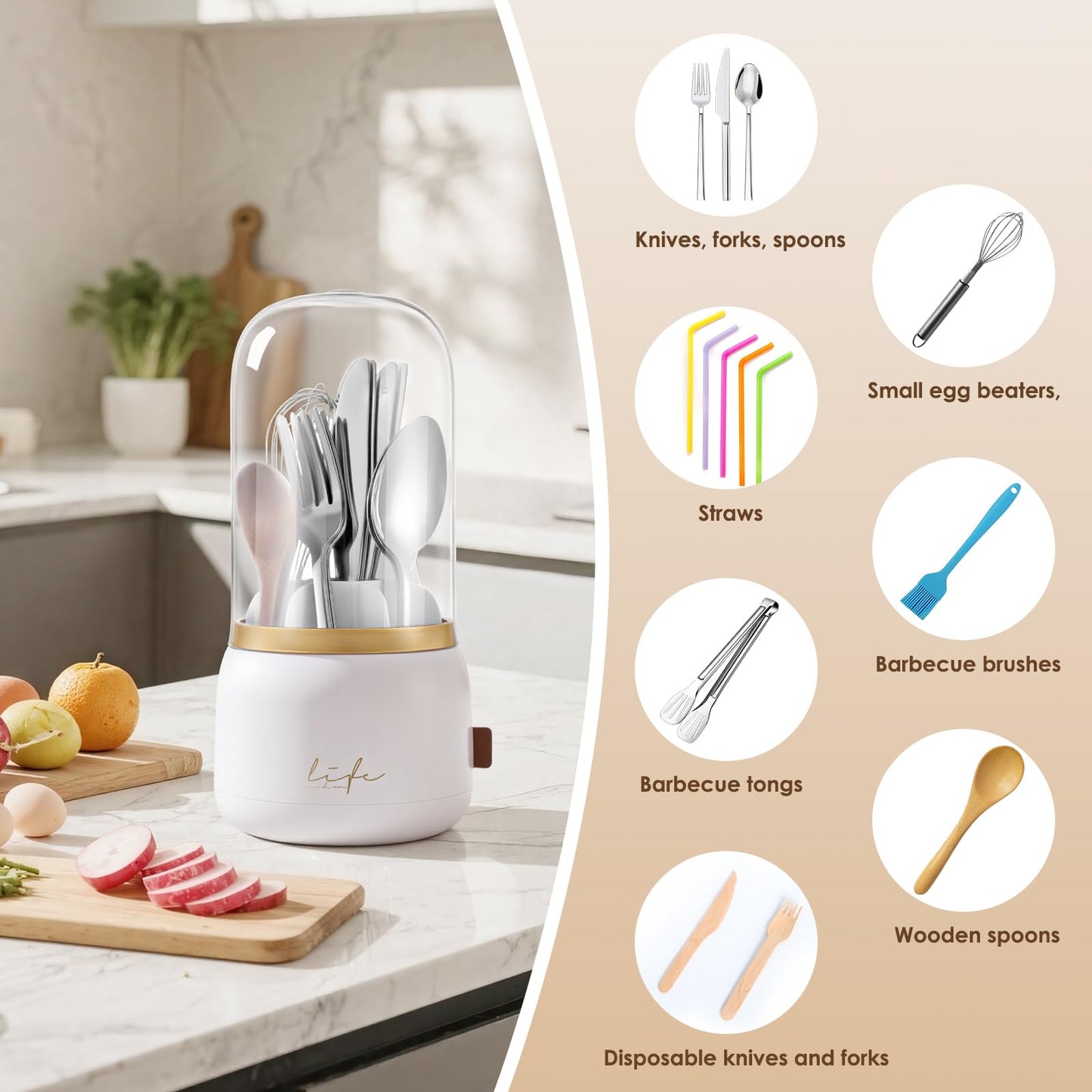 EXIN DECHEN 360° Rotation Silverware Organizer for Kitchen Counter,Utensil Holder Caddy Silverware Caddy Holder for Party,Spoon and Fork Organizer,7 Slots and Intermediate Drainage Device with Cover