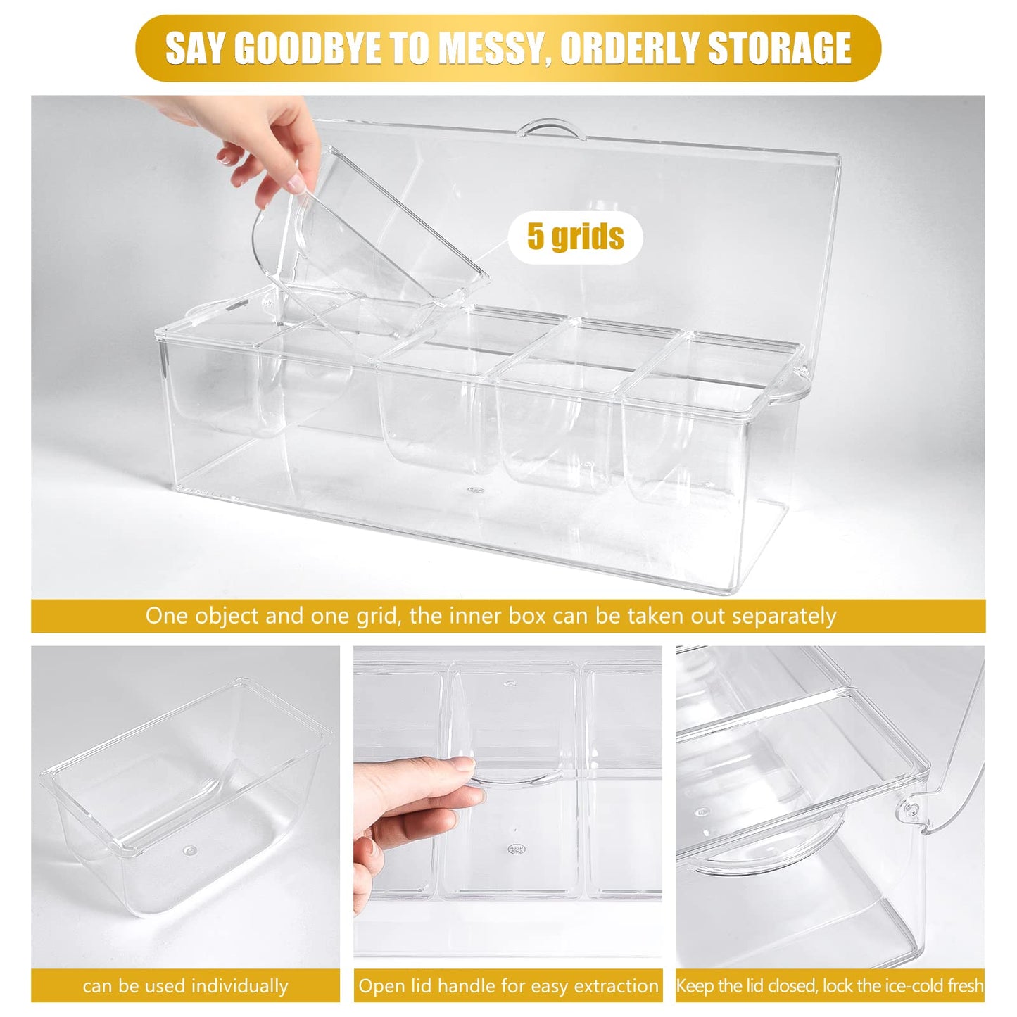 Condiment Tray with Stainless Steel 5 Spoons, 5 Forks and 1 Clip, Chilled Condiment Server, Condiment Server, Bar Garnish Holder on Ice, Bar Accessories Fruit and Salad with Removable Trays and Lid
