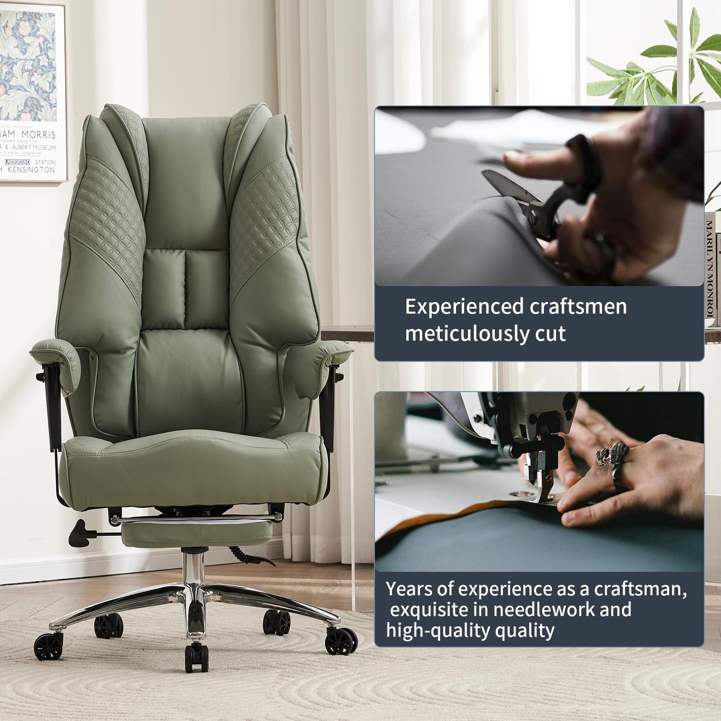EXCEBET Big and Tall Office Chair 400lbs Wide Seat, Leather High Back Executive Office Chair with Foot Rest, Ergonomic Chairs Lumbar Support for Lower Back Pain Relief (Light Green)