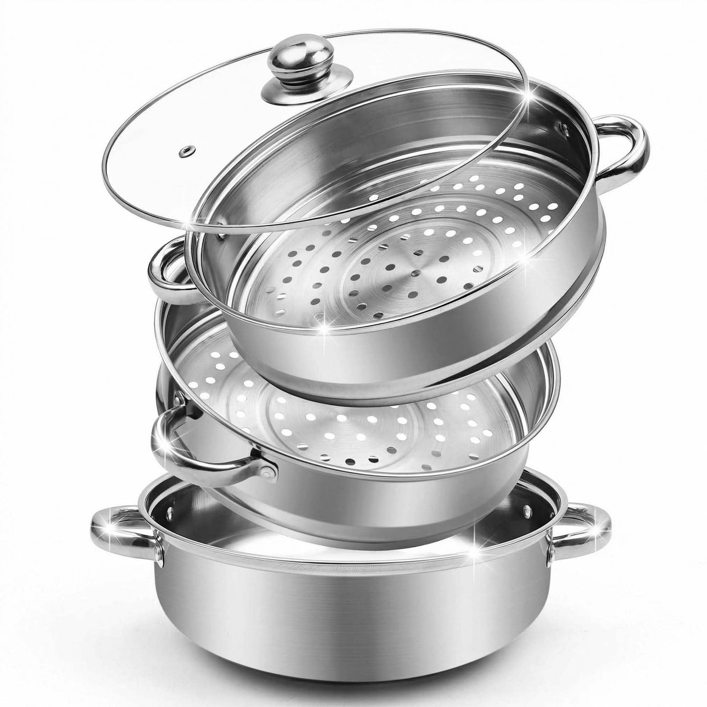 AuFranc® 5 Quart Steamer for Cooking - Stainless Steel Steam Pot with Steamer Basket, Multipurpose Cooking Stock Pot with Tempered Glass Lid, Non-Toxic Cookware for Slow Cooking and Steaming (Silver)