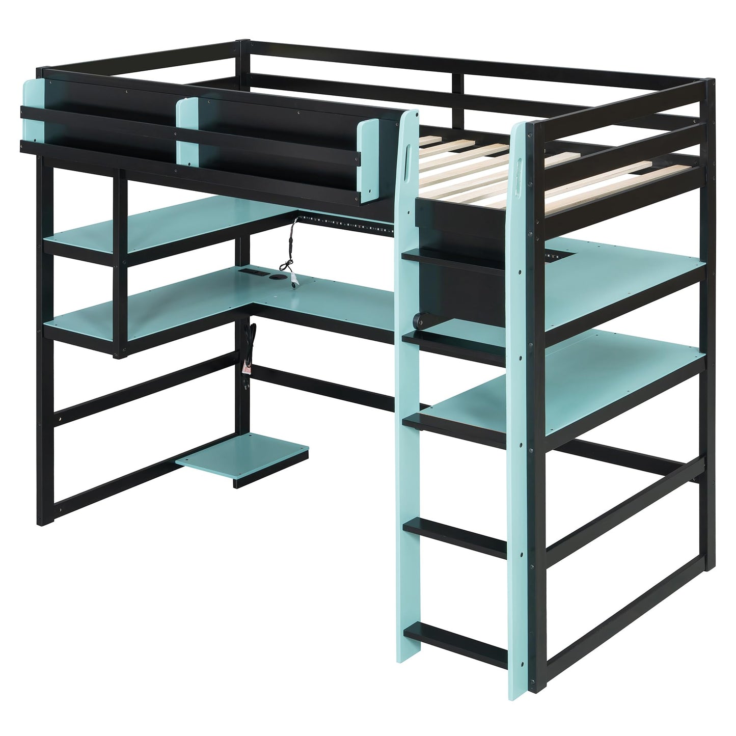 Merax Twin Size Wood Loft Bed with Desk, Side Storage Rack, Multi-Storage Shelves and USB Ports, Space-Saving Loft Bed for Teens, Adults, Blue