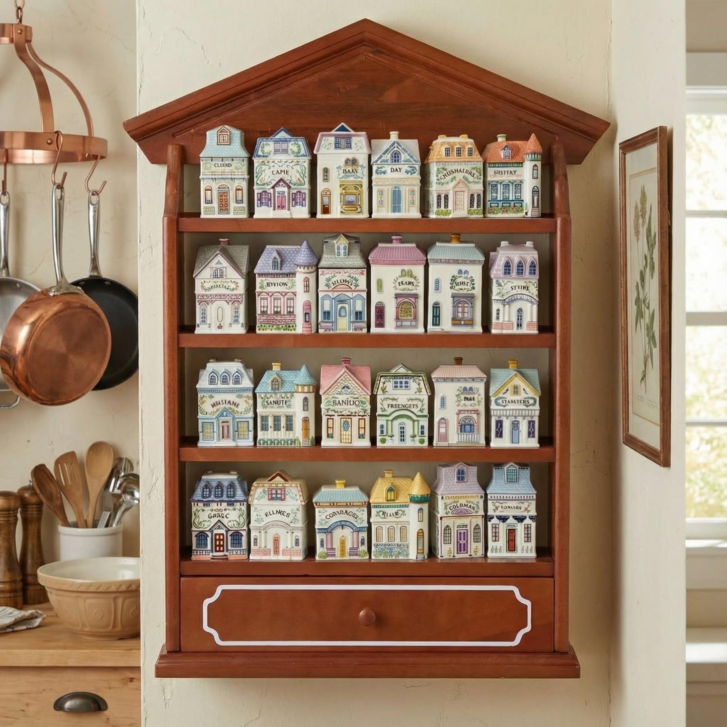 Chunful Vintage Spice Jar Wooden Rack with 4 Shelves and Drawer Hanging Spice Rack Wall Mounting Kitchen Storage Village Style Display Shelf for 24 Jars, Shelf Only(Classic)