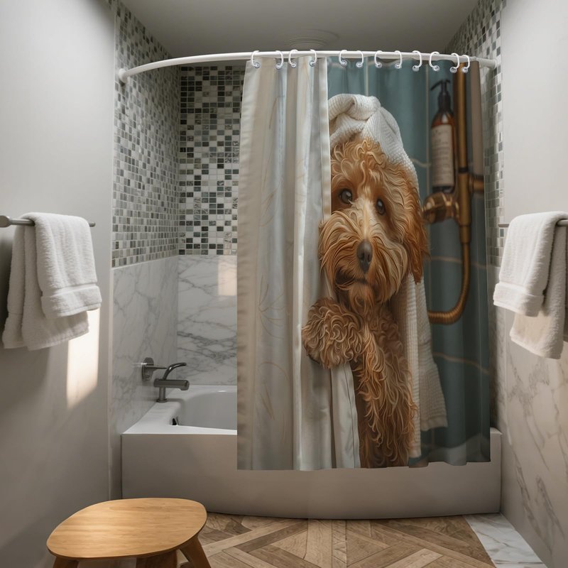 XMWYTJ Cute Teddy Dog Shower Curtains Funny Dog Barn Door Decor Polyester Fabric Waterproof Bathroom Curtains Set with 12 Hooks,71 X 71 Inches