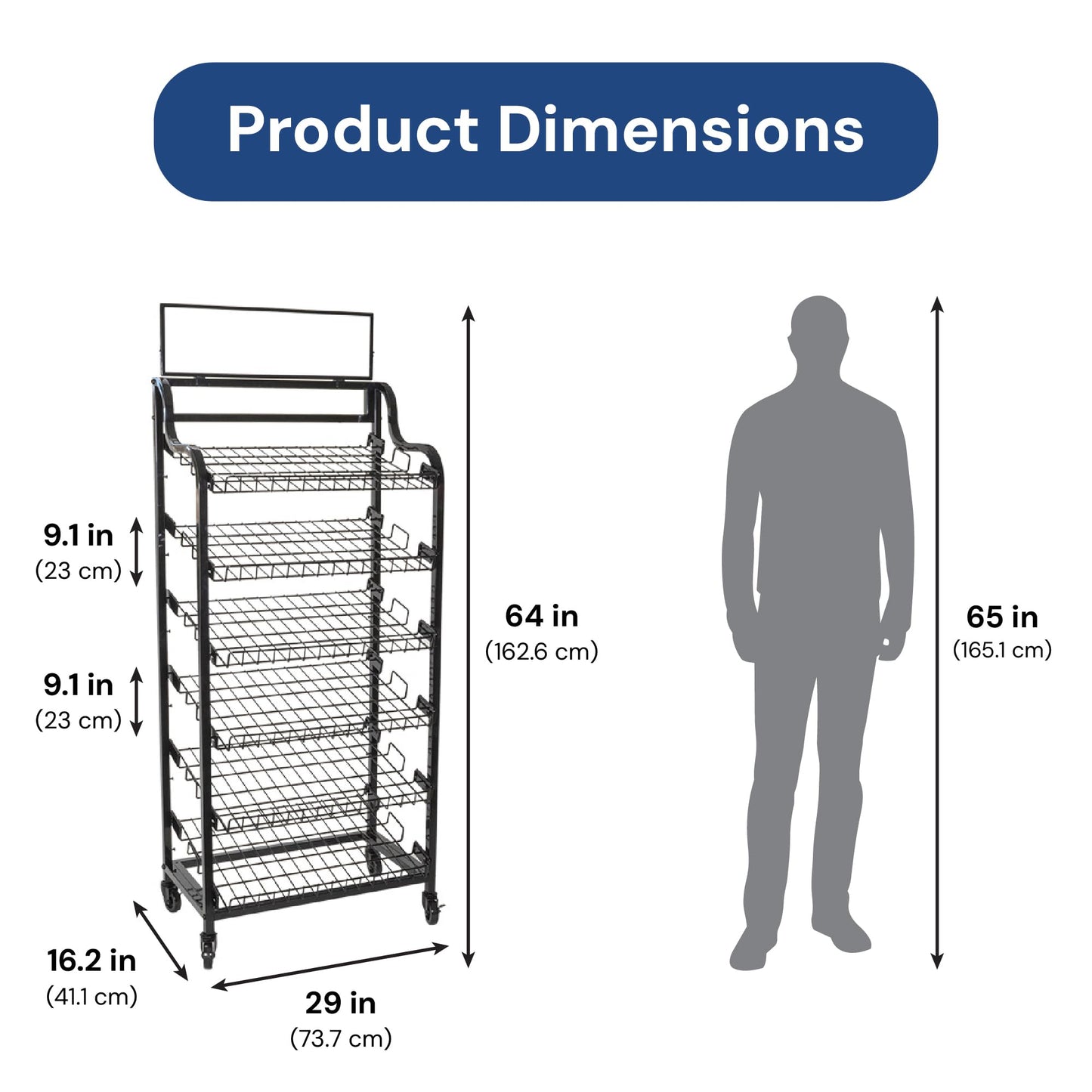 shopPOPdisplays - 29" Wide Floor Standing Display Rack with Wheels – 6 Adjustable Wire Shelves, Metal Retail Merchandising Stand with Sign Holder & Header Frame for Bakery, Grocery & Store Displays