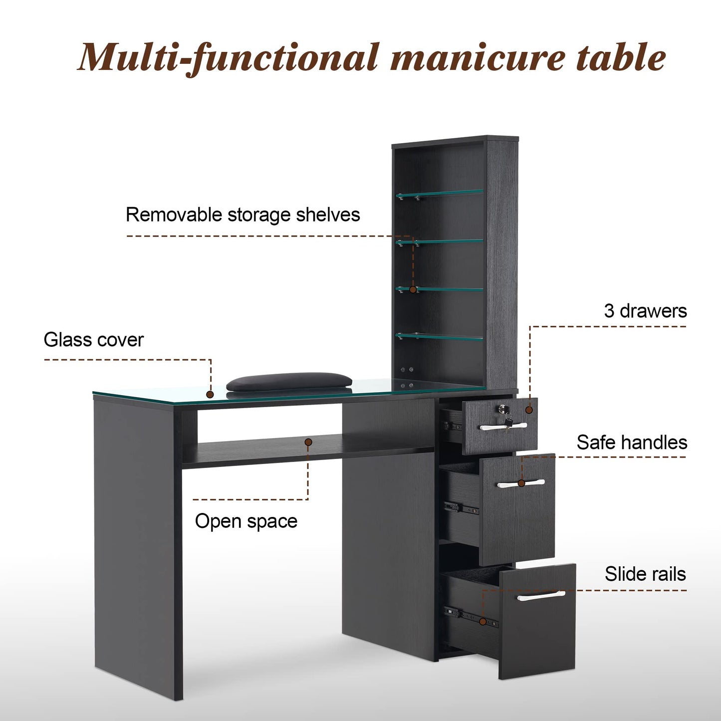 BarberPub Manicure Table with Drawers & Storage Shelves, Spa Beauty Salon Station Nail Desk, 45.3"(L) x 19"(W) x 60"(H) 2673 (Black)