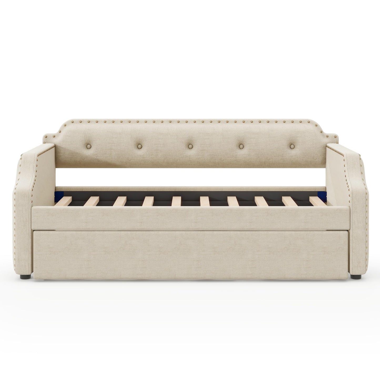 Merax Upholstered Daybed with Trundle, Wood Slat Support,Upholstered Frame Sofa Bed, Twin, Beige