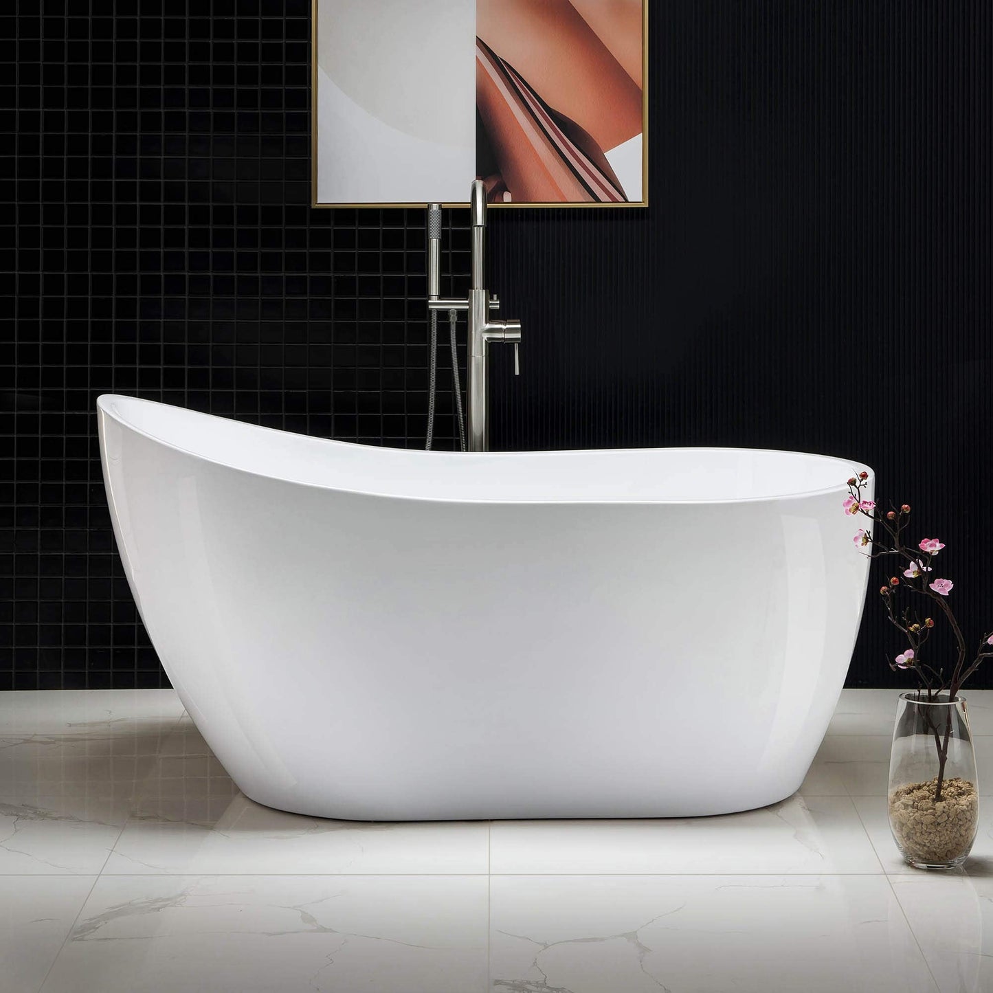 Woodbridge 59" Acrylic Freestanding Bathtub Contemporary Soaking Tub with Brushed Nickel Overflow and Drain BTA1530