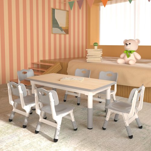 LulliSpace Kids Table and 6 Chairs Set,Height Adjustable Children Table & Chair,Toddlers Study Multi-Activity Table with 47.2"x23.6" Wipe-Clean Desktop,for Classrooms, Homes & Daycares