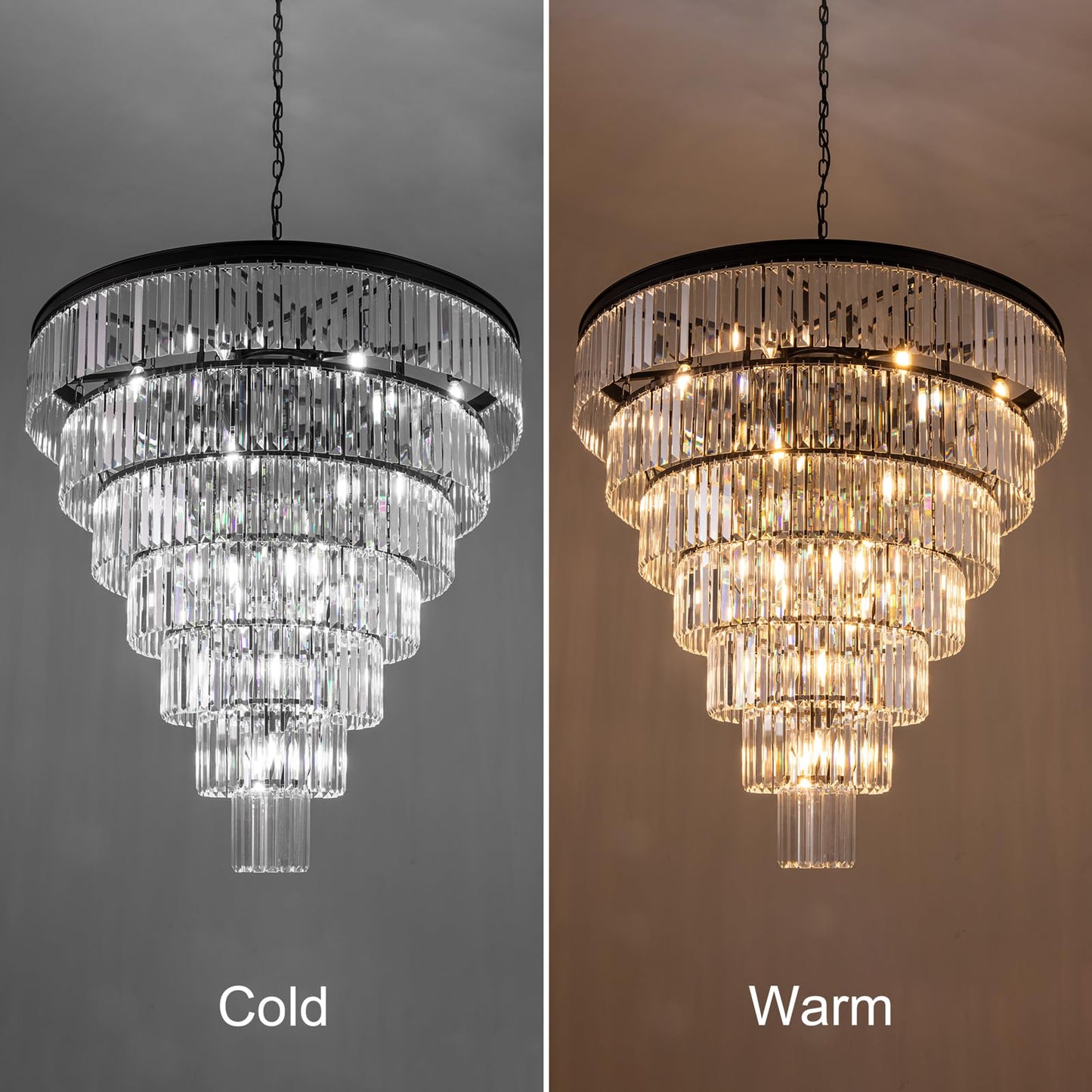 TOCHIC Large Crystal Chandelier for High Ceiling, 40 inch 7-Tier Modern Black Crystal Chandeliers Lighting Fixture, Round Light for Entryway Staircase Foyer Living Dining Room (Black, 40 Inches)