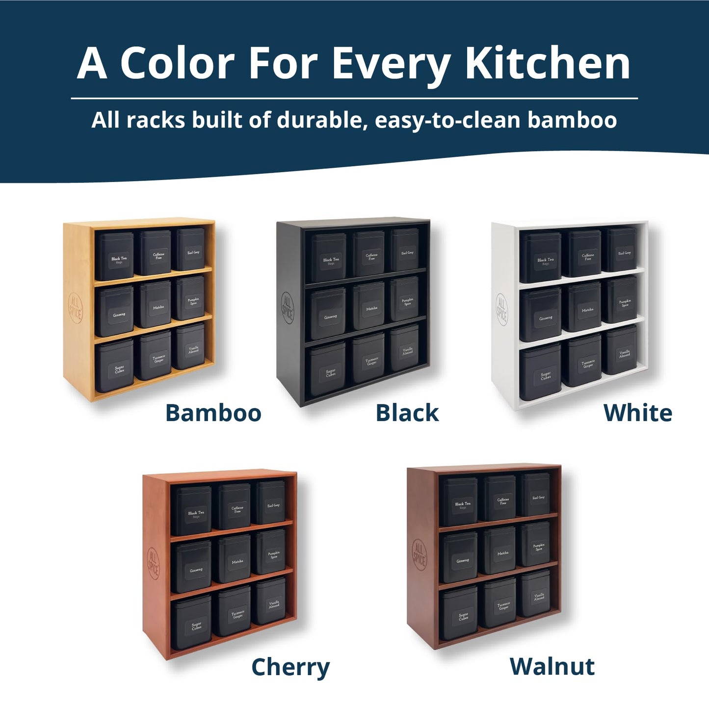AllSpice Tea Organizer Rack with 9 Tins & 160 Magnetic Labels – Perfect for Bagged & Loose Leaf Tea Organization - Black