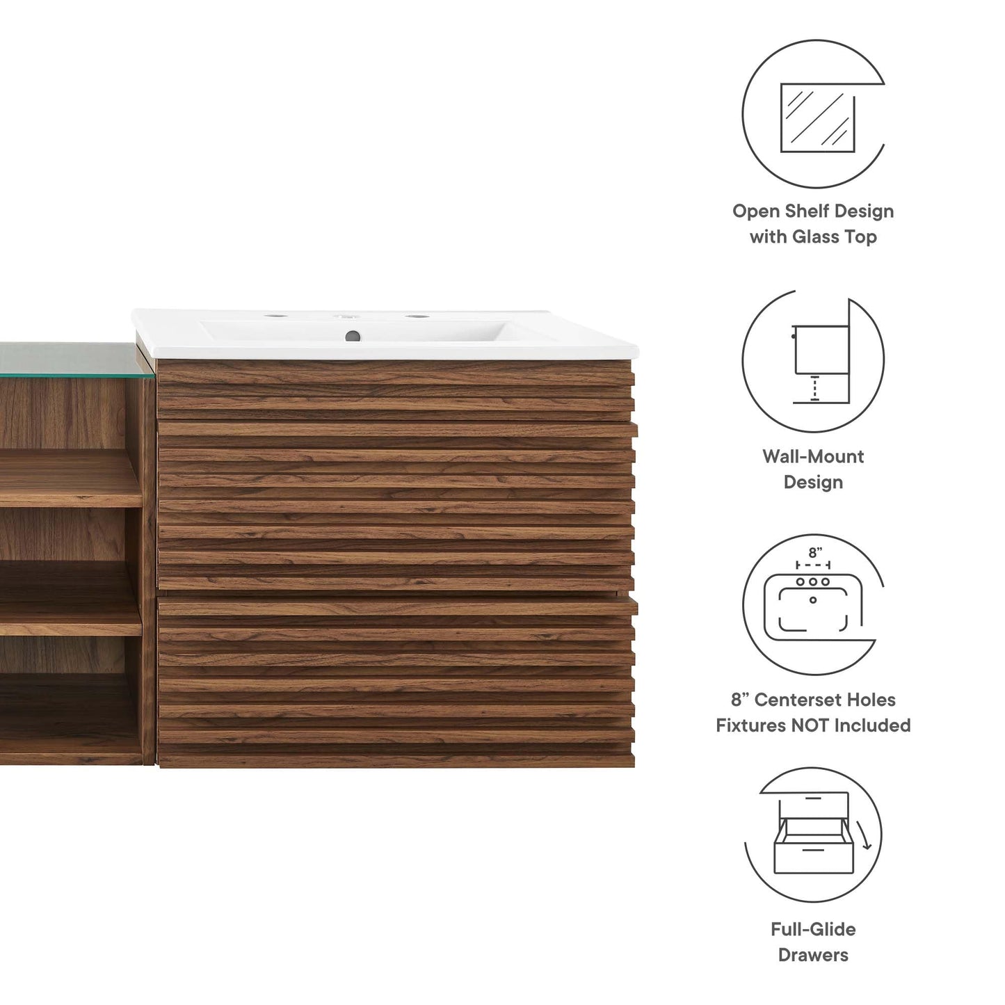 Modway Render 62 Inch Mid-Century Modern Floating Bathroom Vanity with Double Sink in Walnut White – Wall-Mount Vanity with Storage Cabinet and Dual Ceramic Sinks