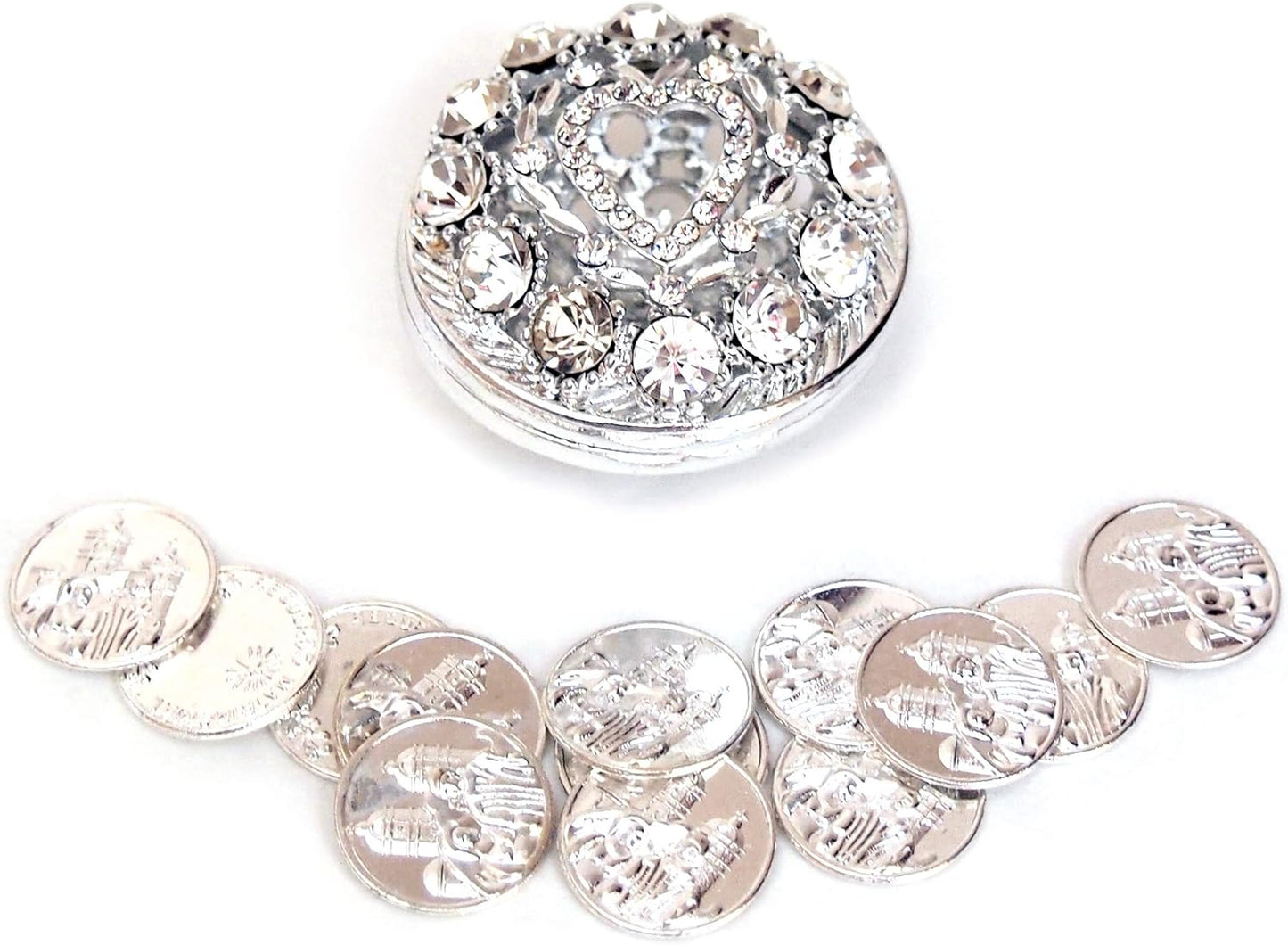 Round Rhinestone Wedding Arras with Coins Set, Silver