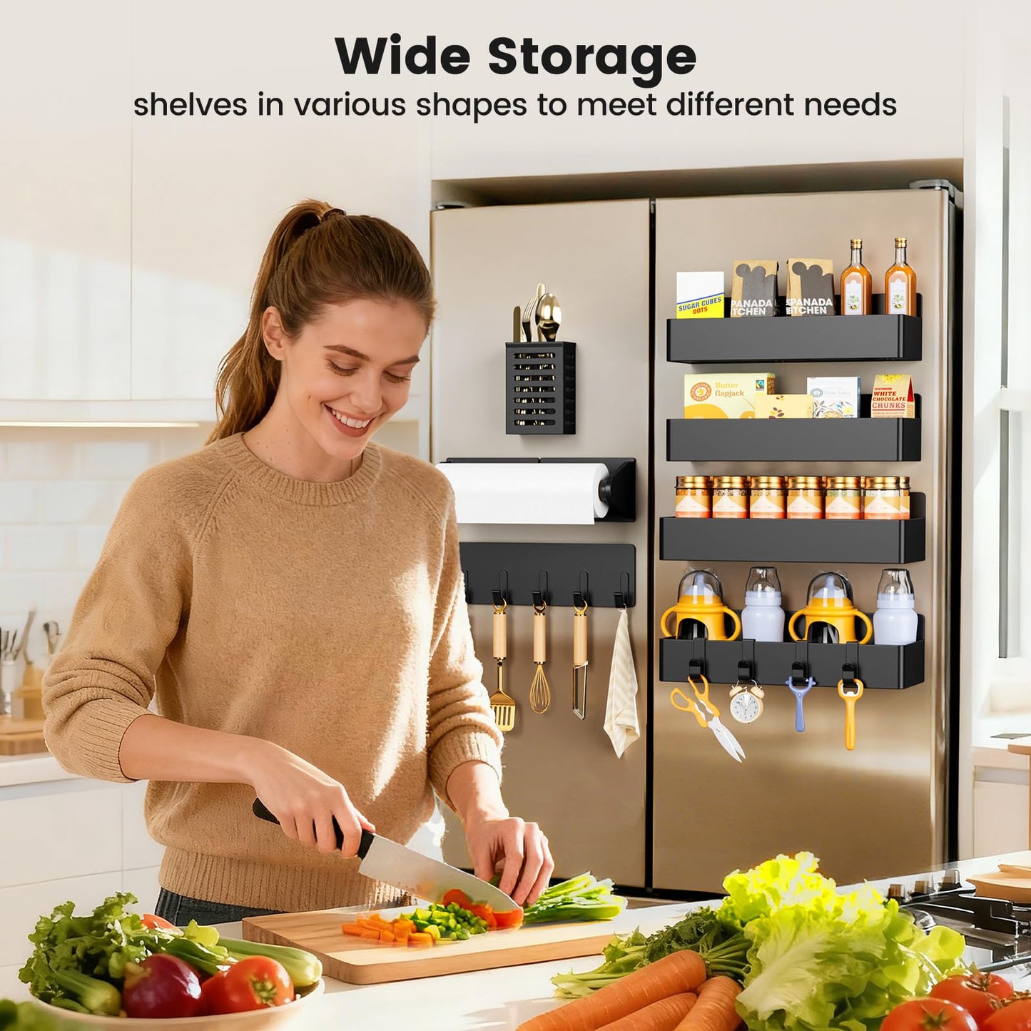 Mystozer Magnetic Spice Rack for Refrigerator,7 Pack Magnetic Shelf,Fridge Magnet Organizer with Paper Towel Holder,Utensils Racks,Hook Rack,Fridge Organizers and Storage Black(7 Pack)