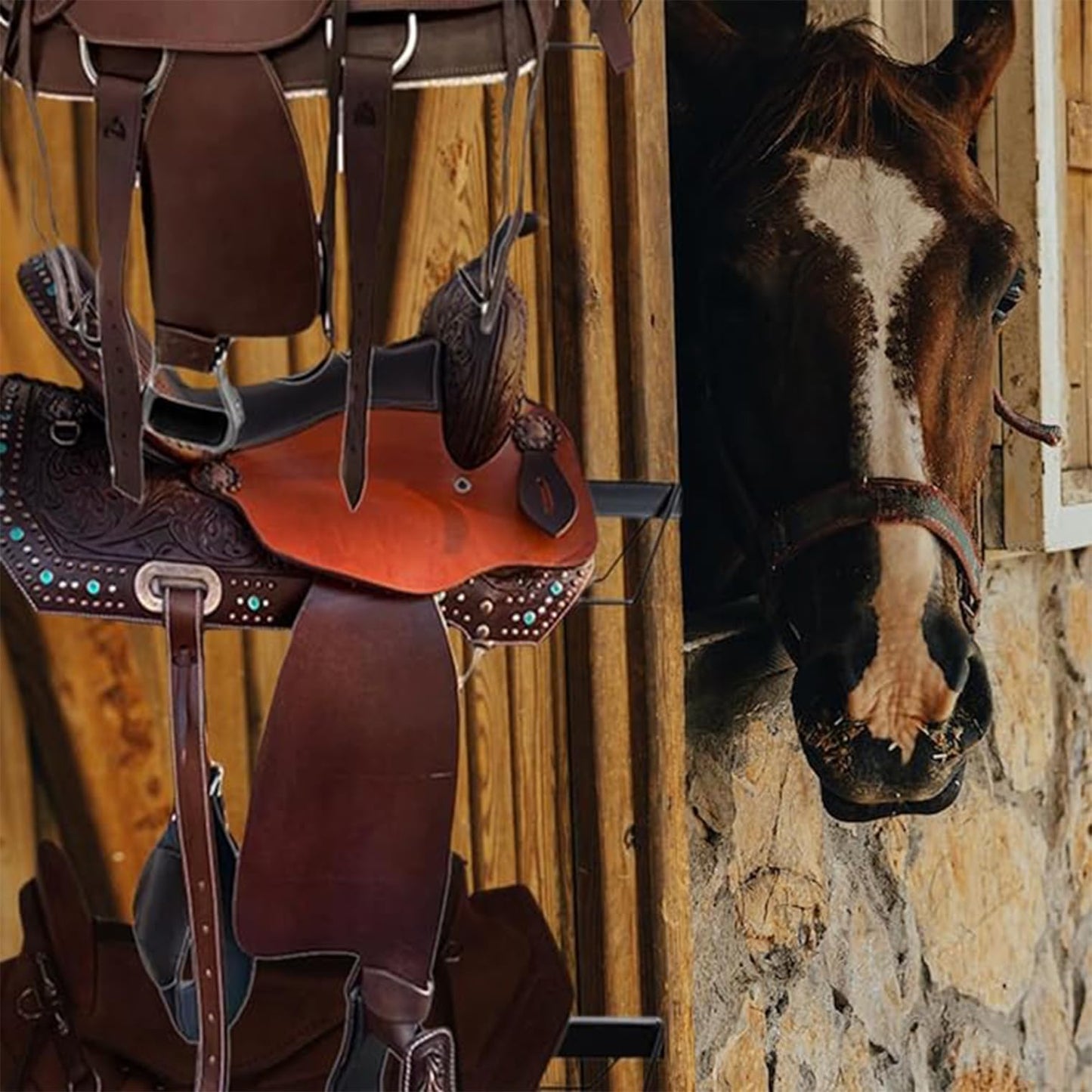 Forcecar 4 Tier Wall Mount Horse Saddle Storage Rack - Heavy Duty, Equestrian Saddle Holder for Hanging Blankets & Pads - Black