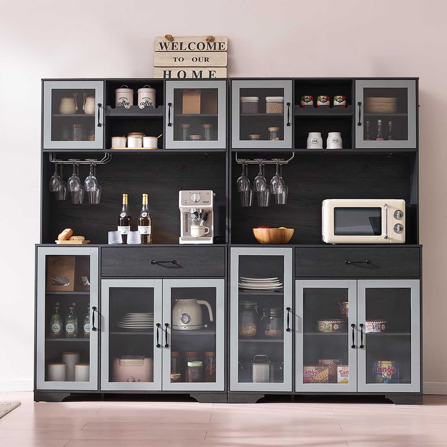 Fatmok 71" Tall Pantry Cabinet with Glass Doors, Kitchen Hutch Storage Cabinet, Coffee Bar & Liquor Cabinet with Charging Station & LED Lights, Wine Rack, Adjustable Shelves&Large Drawer, Grey