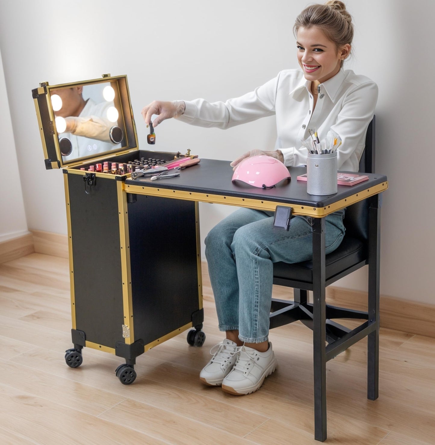 Gdsshuhung Portable Nail Desk with LED Mirror, Heavy Duty Foldable Manicure Table with 3 Drawers, Rolling Makeup Train Case Cosmetology Trolley on Wheels, Mobile Nail Tech Workstation (Gold)