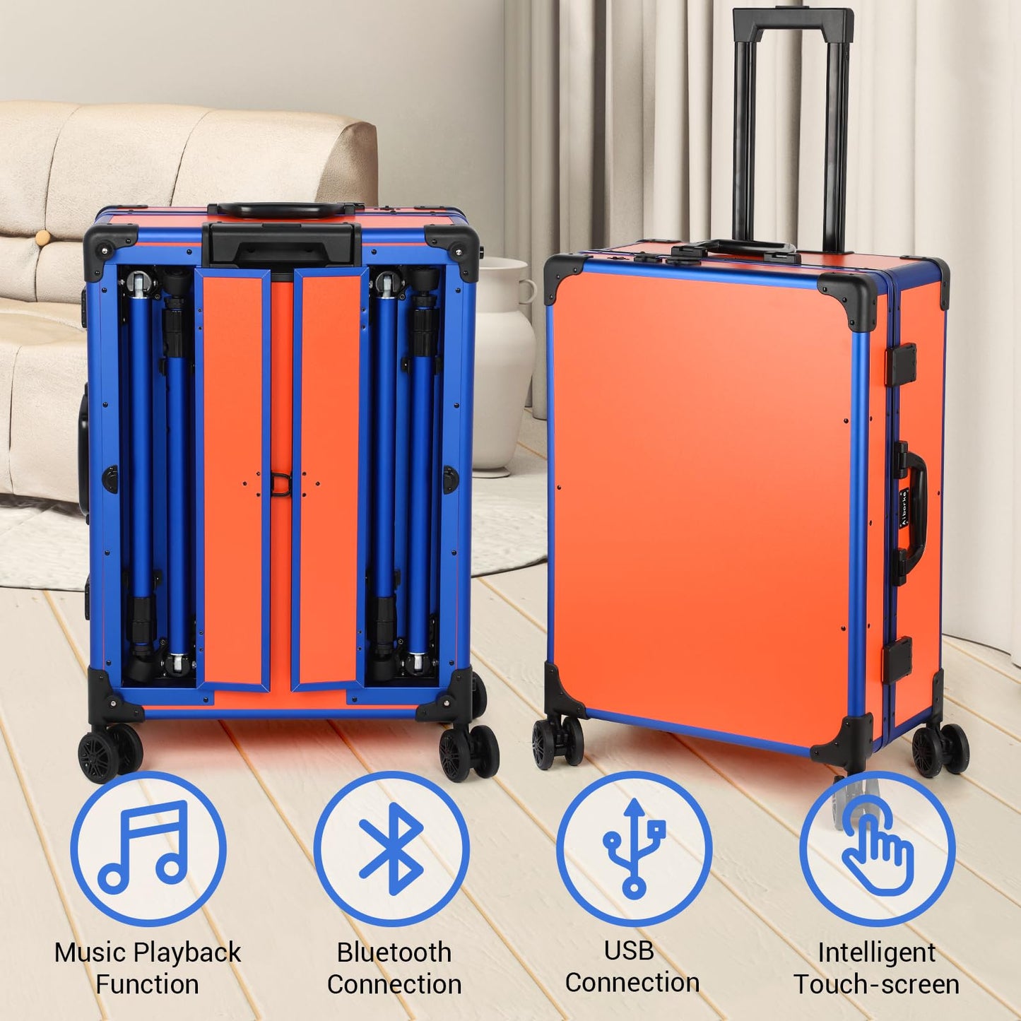Aiborke Rolling Makeup Train Case with Lighted Mirror and Bluetooth Speaker Professional Cosmetic Organizer Case with Wheels, Stands Portable Makup Station Vanity for Travel (Orange, Medium)