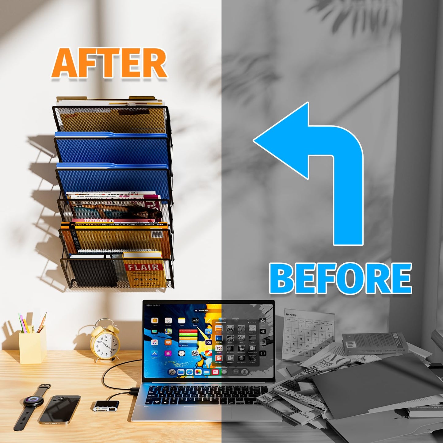 Mogbhw Magnetic File Holder, 6-Tier Foldable No Drilling Magnetic File Folder Holder, Space-Saving Black Magnetic Hanging File Organizer for Whiteboard, File Cabinets, Refrigerator, Office, Kitchen