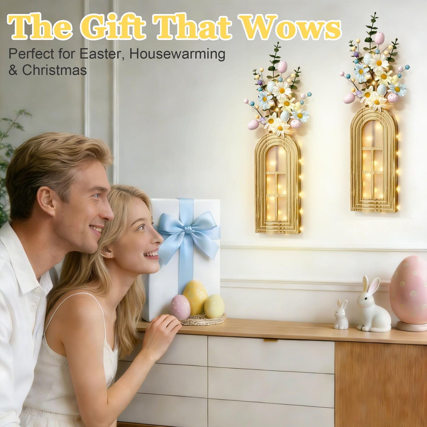 HOMECOR Easter Wall Decor Set of 2 - Boho & Modern Farmhouse Hanging Wooden Vase with Fairy Lights & Artificial Plants, Spring Wall Art for Living Room, Bedroom, Bathroom, Mothers Day Home Decor Gift
