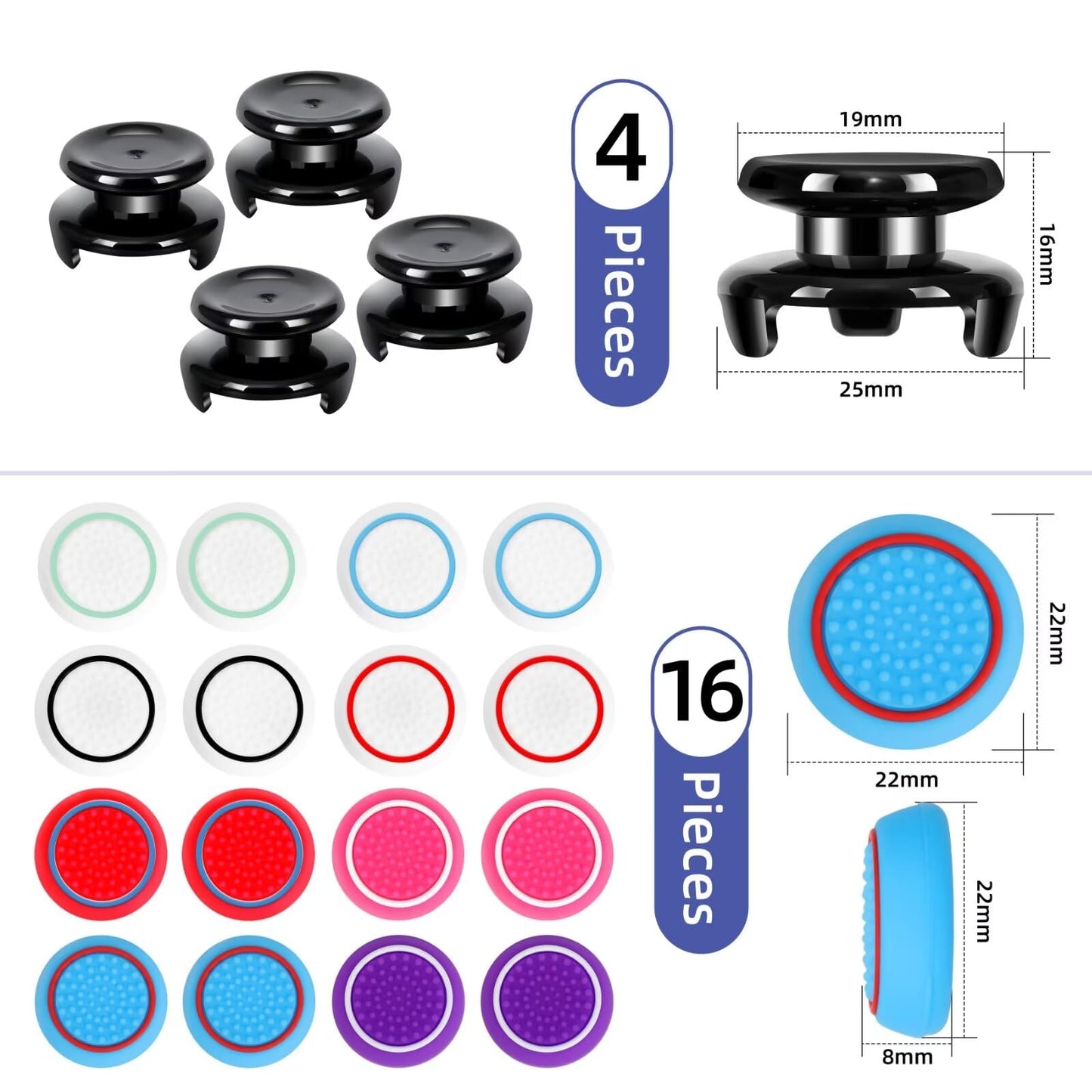 PS5 Controller Accessories PS4 Controller Grips Thumbstick Grips with 2 Pairs 9.9mm High Rise Joystick Grips and 16 Pieces Thumb Caps Compatible with PlayStation 4 and PlayStation 5 Controller-2T-B3