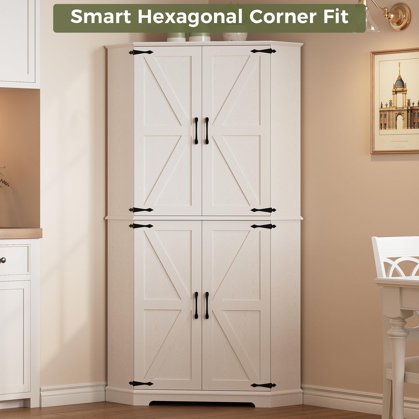 IRONCK Corner Cabinet, 72" Kitchen Pantry Cabinet, 6-Tier Freestanding Farmhouse Pantry with 2 Adjustable Shelves, 240°Swivel Doors, 2 Doors Storage, Spacious Hutch for Kitchen, Living Room, White