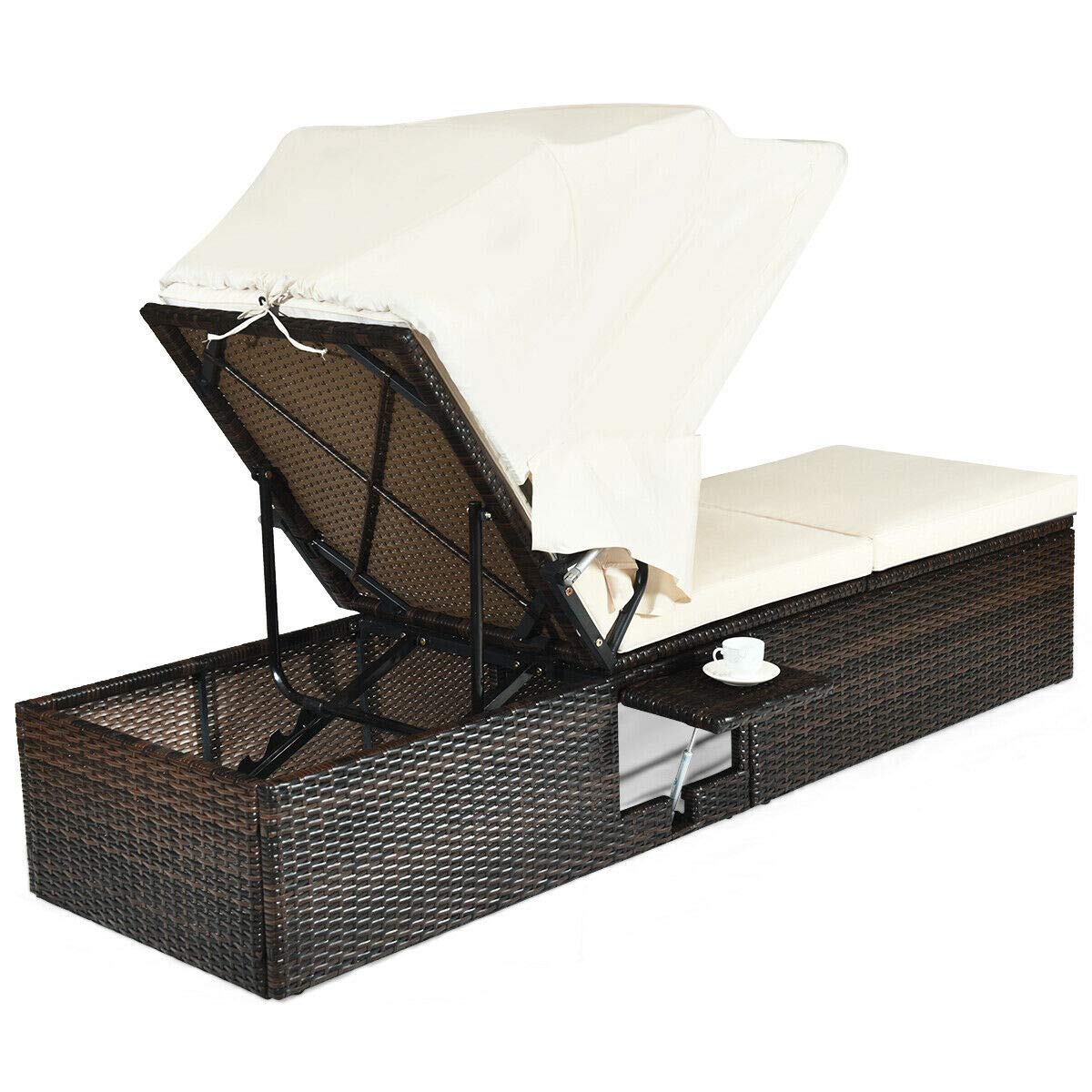 Tangkula Outdoor Chaise Lounge Chair with Folding Canopy, Adjustable Cushioned Reclining Chair with Flip-up Tea Table, Rattan Sun Lounger for Beach Poolside Backyard Balcony Porch (2)
