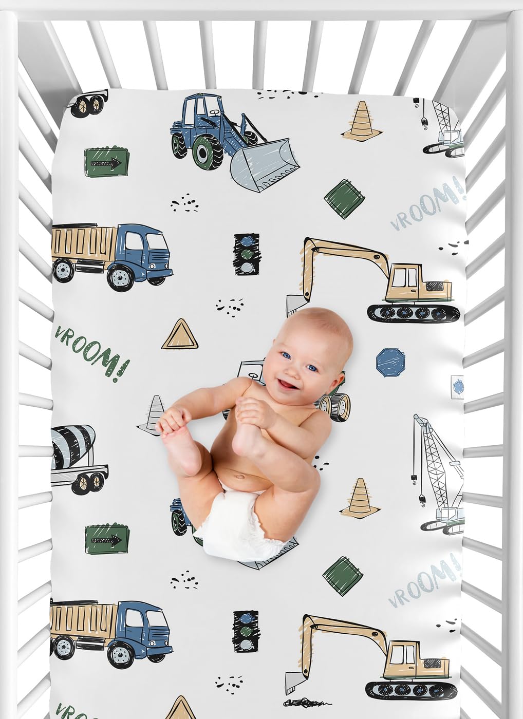 Sweet Jojo Designs Fitted Baby Crib Sheets (Green Construction Truck) for Boys, Infant Nursery, Toddler Room - Standard Size (Transportation, Bulldozer, Tractors, Cranes, Blue, Grey & Yellow, Trucks)