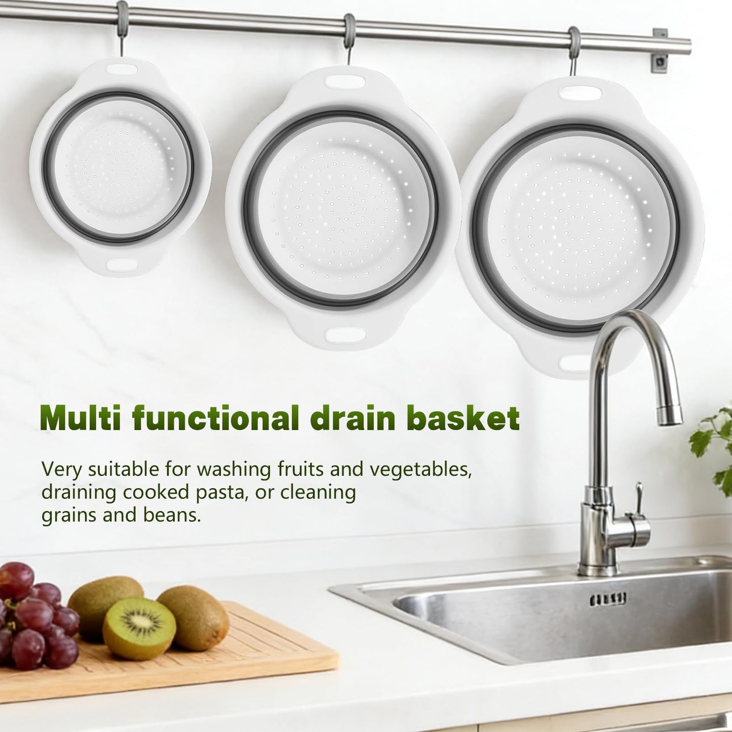 Collapsible Colander Set & Food Strainer for Kitchen, 4 in 1 Kitchen Gadget Strainer with Draining Tray for Pasta Noodle Fruit & Vegetable, 1 Pack