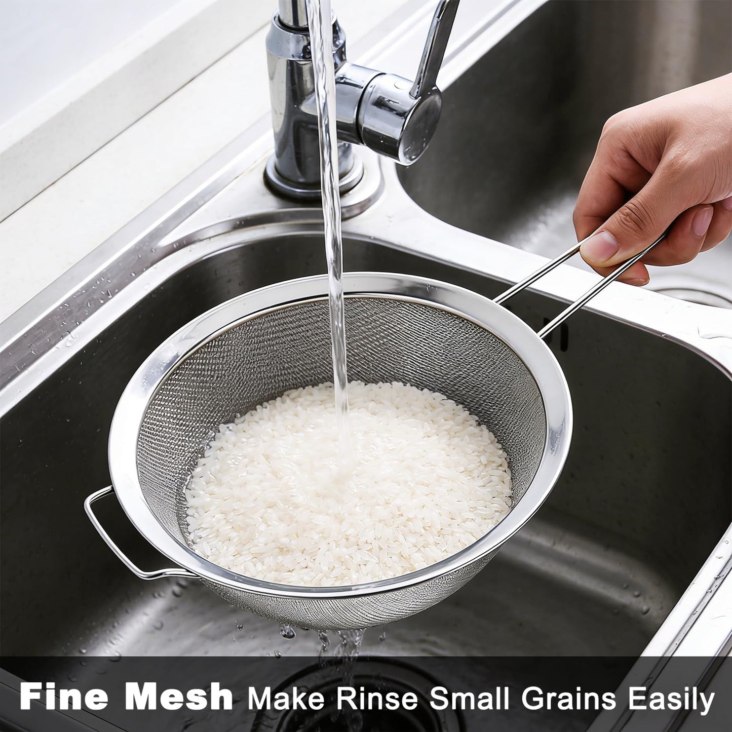 Tonbbow 8.7" Large Fine Mesh Strainer Set with Sturdy Handle, Stainless Steel Sieve Flour Sifter, Kitchen Metal Colander for Rice, Quinoa, Pasta, Fruit, 2 Pack