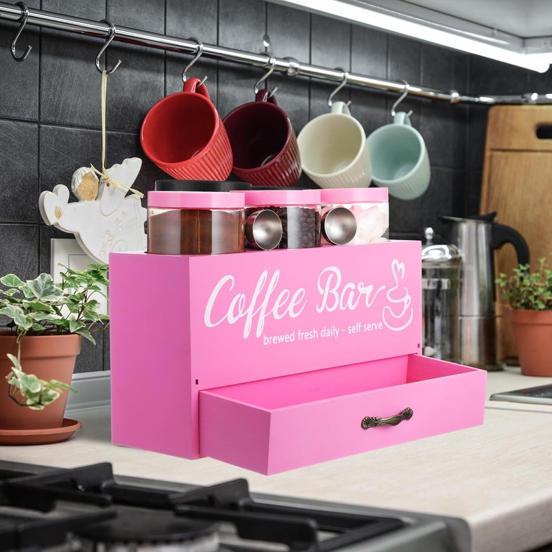 Skybooly 3 Pcs Coffee Bar Containers Set Include Coffee Sugar Container with Lid and Spoon and Double Layer Storage Box with Drawer for Bar Kitchen Countertop (Pink)