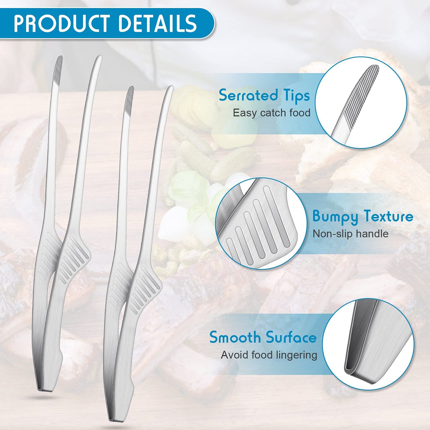 Patelai 8 Pieces Korean and Japanese BBQ Tongs Non Slip Cooking Utensils Stainless Steel Tongs for Serving Food, Salad, Camping, Barbecue, Buffet, Oven with Support Stand (Silver)