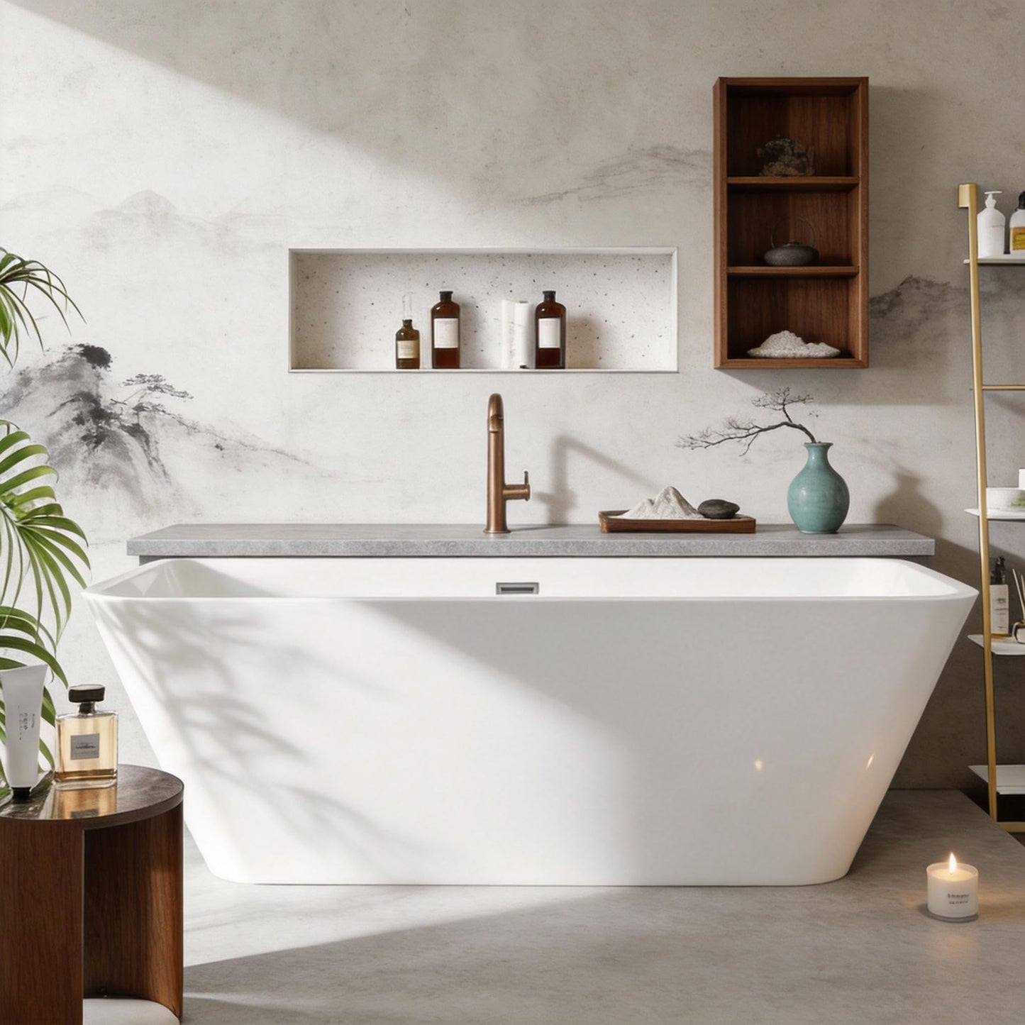 59" Freestanding Acrylic Soaking Tub, Large Bathtub, Contemporary Stand-Alone Bathroom Tub with Non-Slip Surface, Overflow and Drain Included, Deep Bathtub for Home Spa