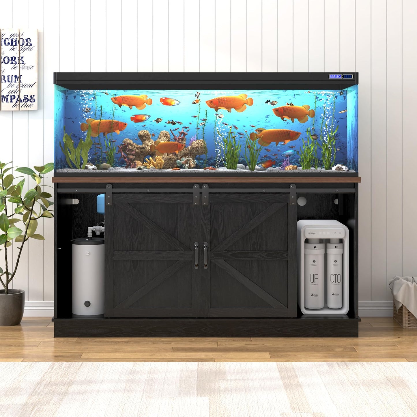 Hlivelood Farmhouse 75-120 Gallon Fish Tank Stand with Power Outlet, Aquarium Stand w/Cabinet&Sliding Barn Door, Heavy Duty Reptile Tank Stand for Fish/Turtle/Reptile Terrarium, 1000LB Capacity, Black