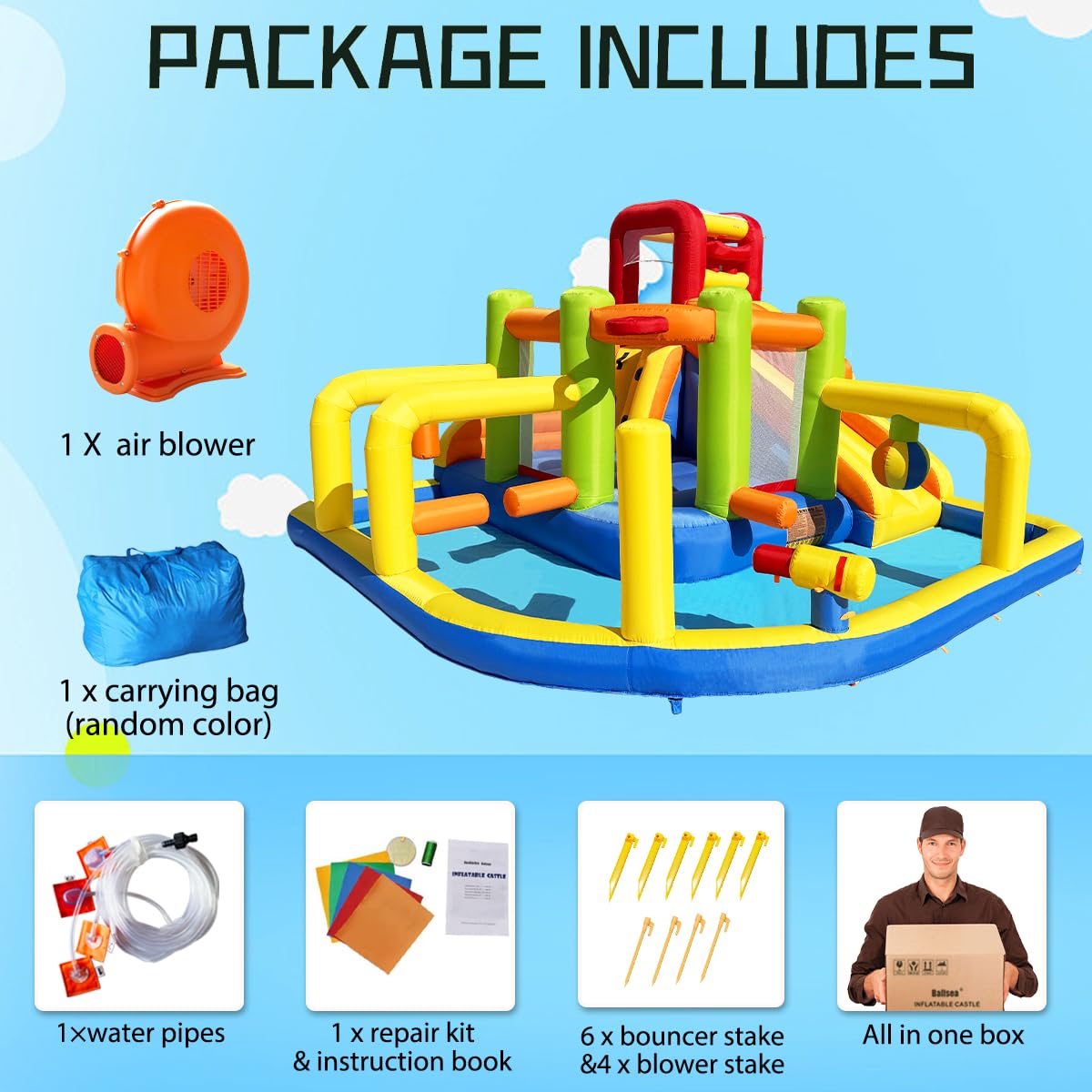 Umbalir Inflatable Obstacle Bounce House, Kids Bounce House Water Park with Water Slides, Surprise Dump Bucket, Obstacles,Jumping, Tunnels, Climbing,Water Cannon, and Ball Shooting Frame
