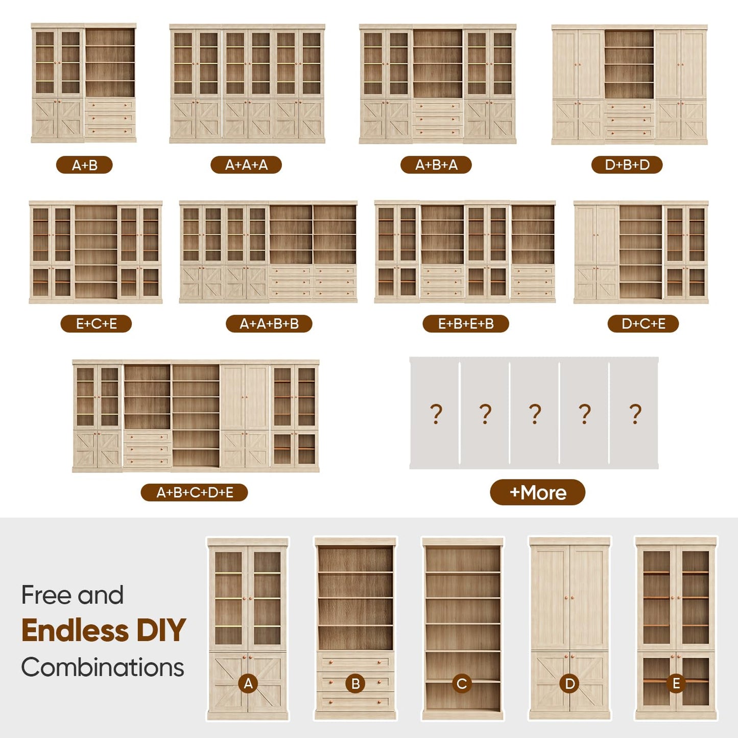 Myricore 70.8" Tall Bookshelf with Doors, Farmhouse Modular Bookcase with 4-Tier Adjustable Shelves, Large Storage Cabinet for Home Office, Living Room, Brown