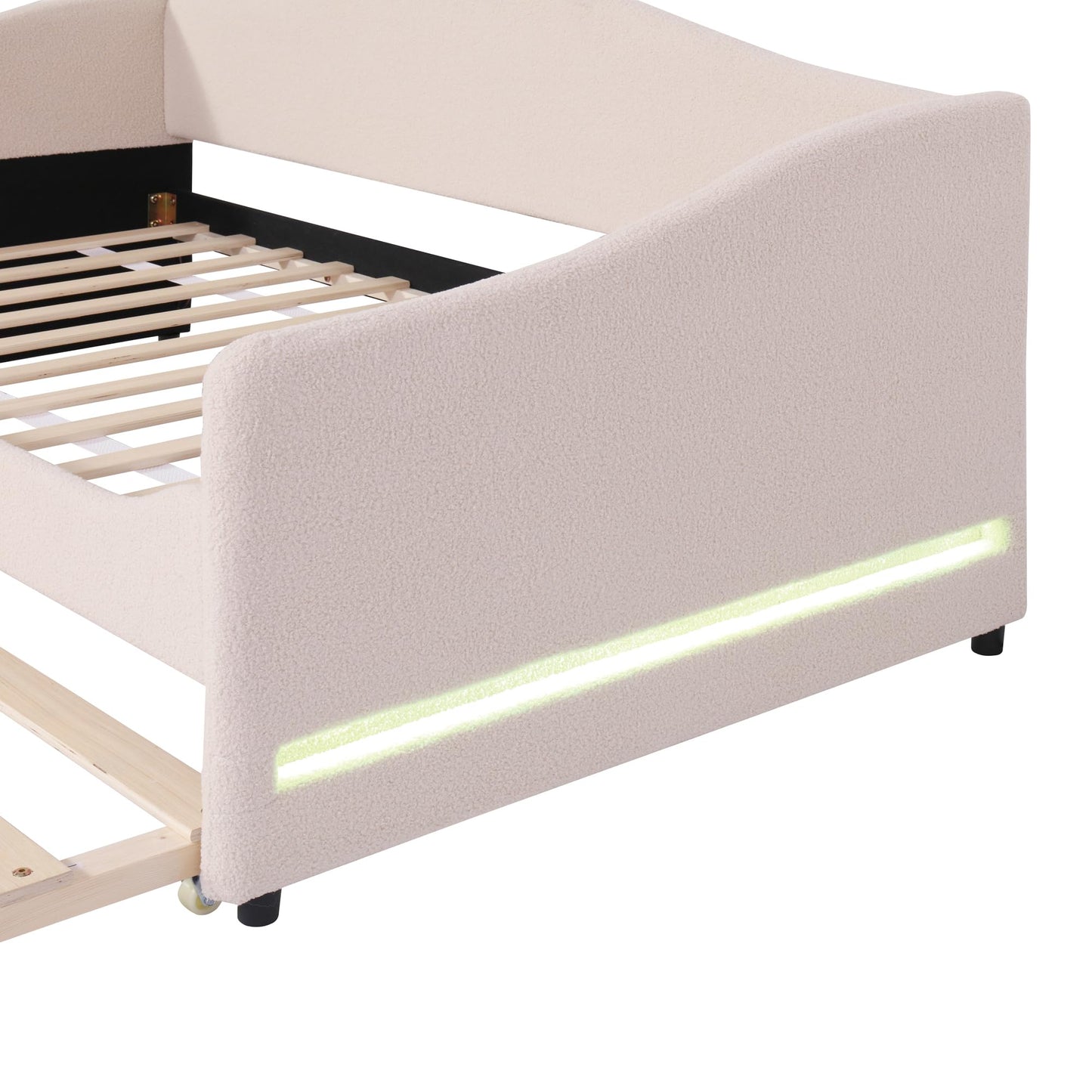 Twin Size Teddy Fleece Upholstered Daybed with Trundle and LED Lights, Daybed Frame with Stripe Design, Soft Fabric Sofa Bed with Slat Support, Space Saving Bed for Bedroom Living Room, White